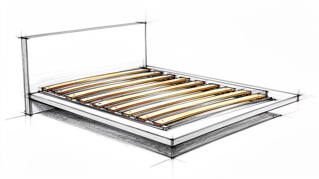 An architectural sketch illustrating the structure of a platform bed frame with flexible wooden slats.