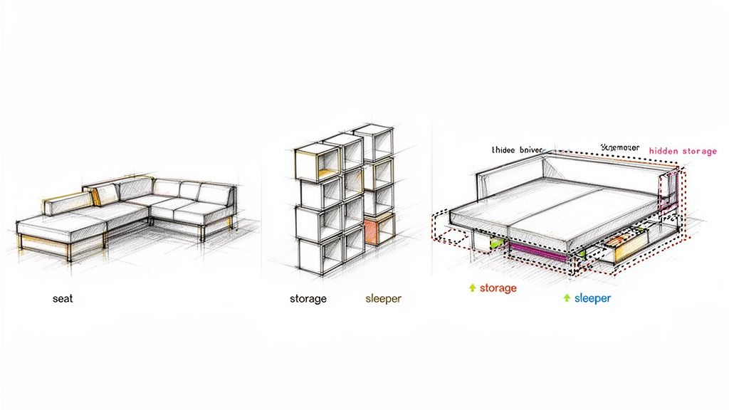 Architectural sketches showcasing three modular furniture designs: a sectional sofa, a multi-cube storage unit, and a bed with hidden storage.