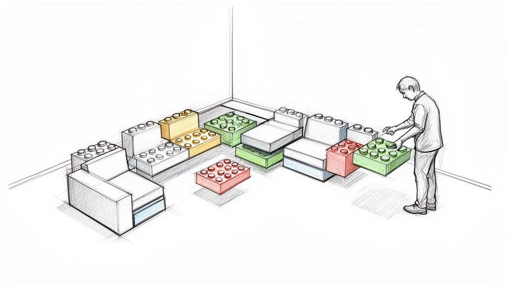 A sketch of a person arranging colorful, LEGO-like modular sofa components in a room corner.