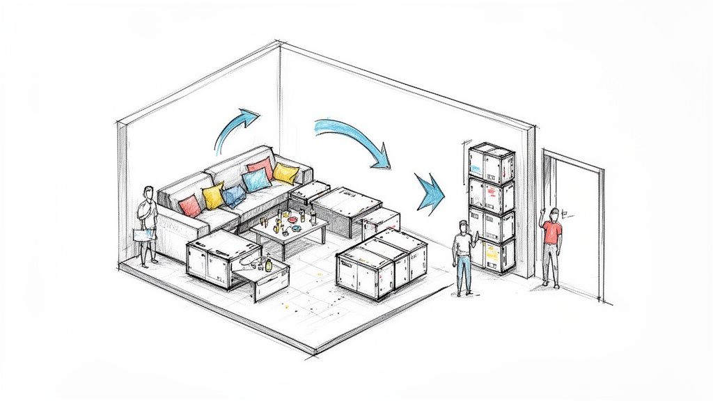 An illustration of modular furniture transforming from a sofa set into storage boxes, with people.