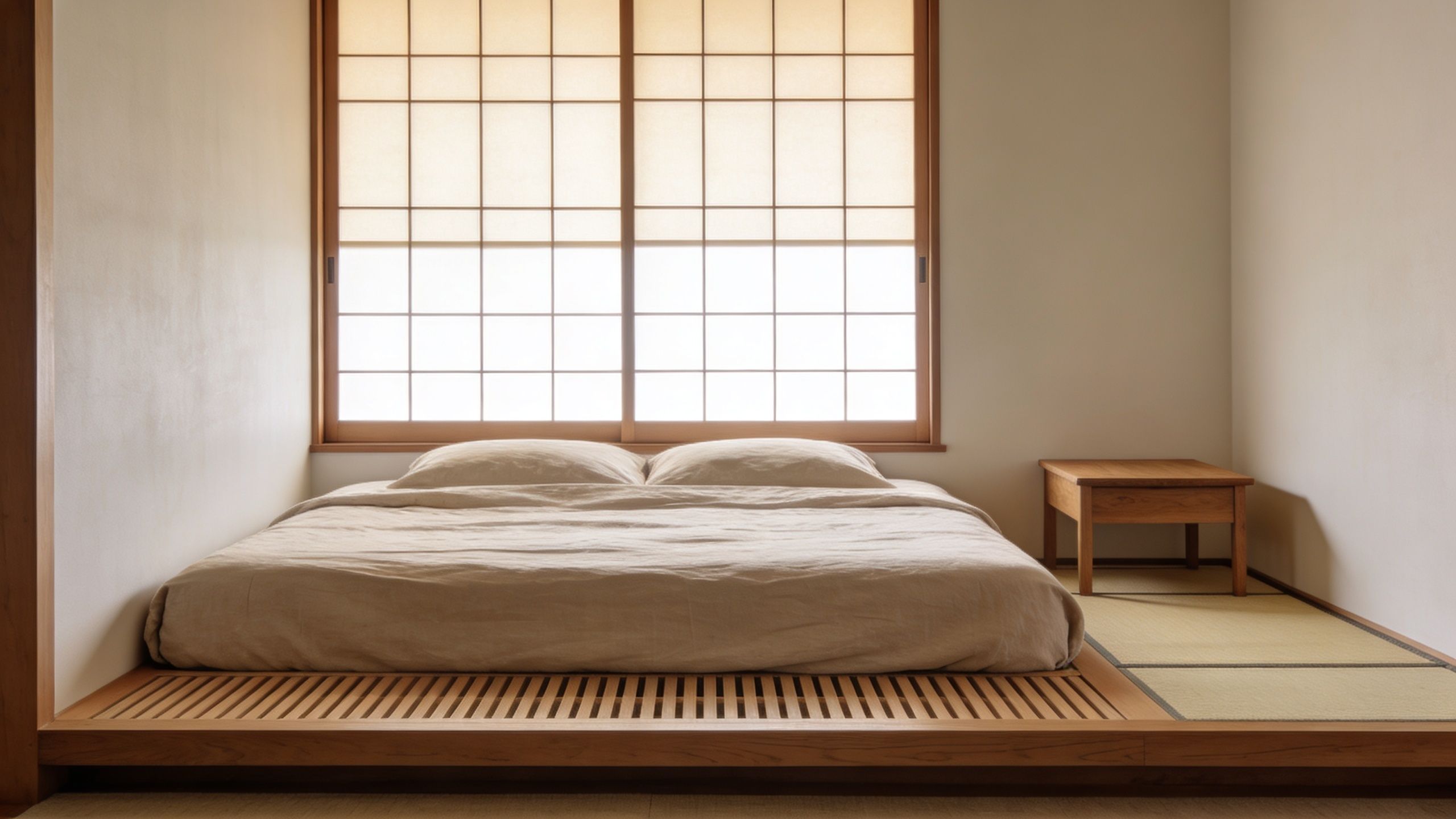 A minimalist bedroom featuring a bed on a low wooden platform with tatami mats and shoji screens.