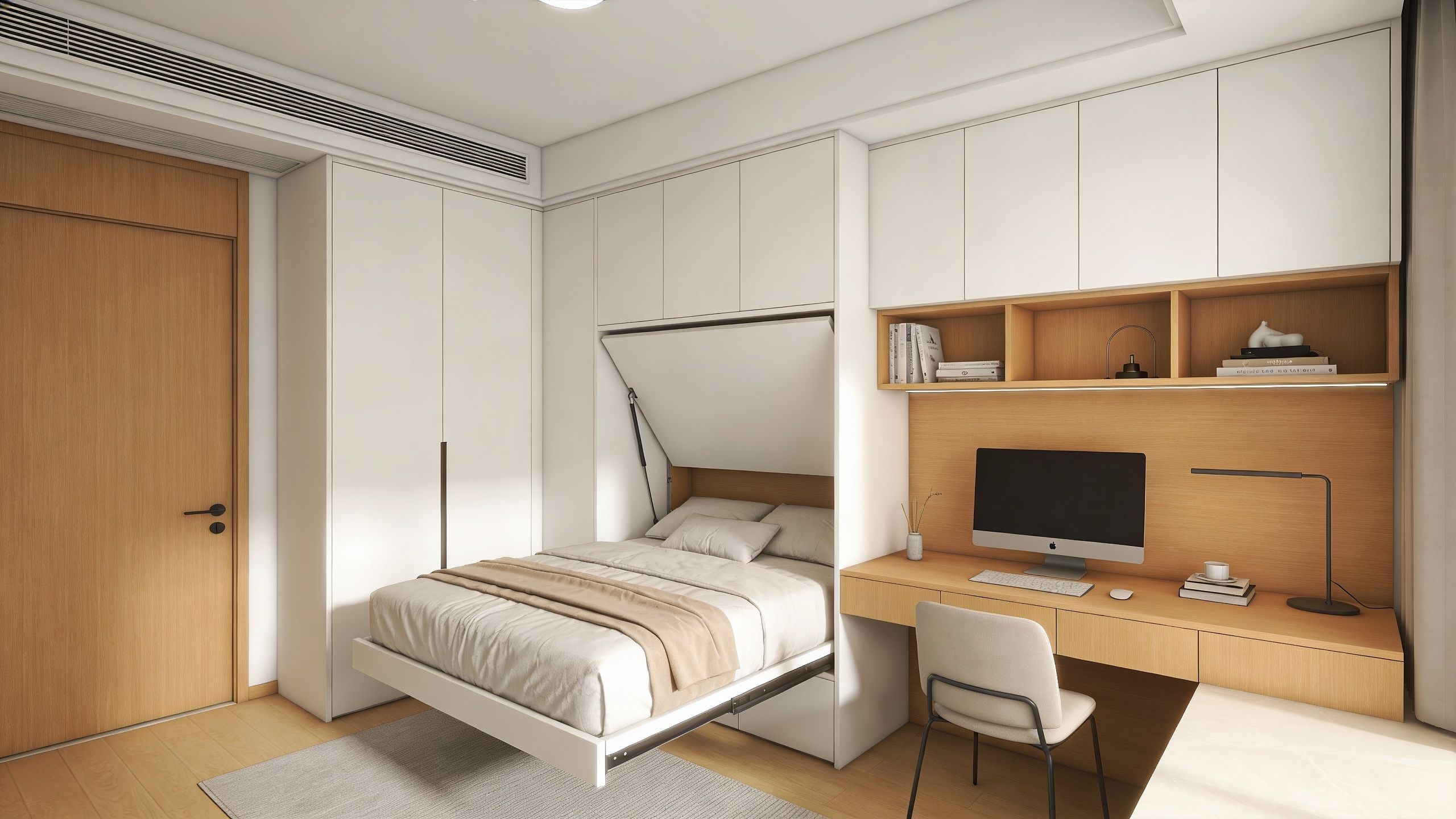 A modern room featuring a space-saving Murphy bed folded down next to a sleek built-in wooden desk.