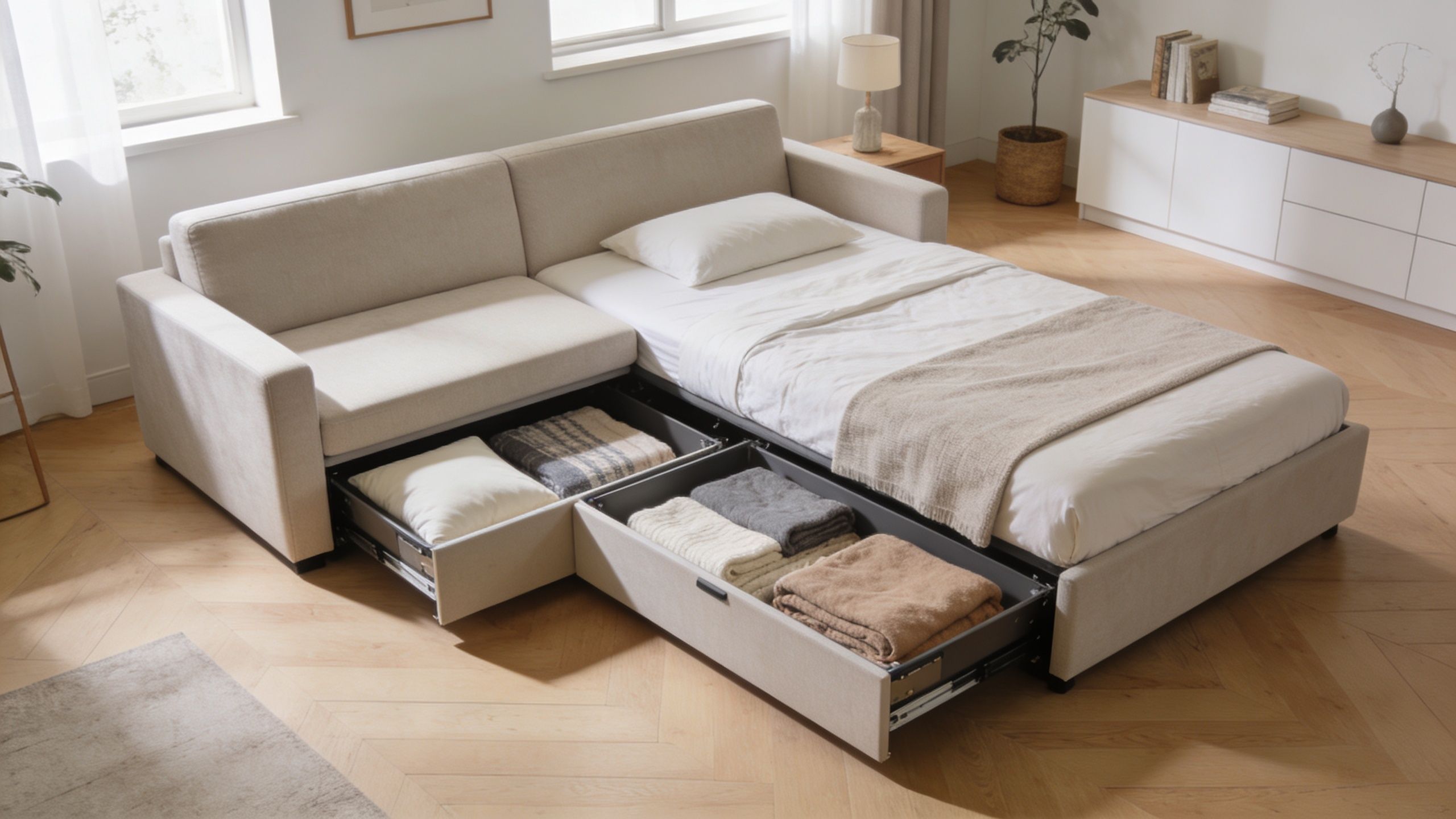 A modern beige sofa bed pulled out into a bed with two open storage drawers underneath holding folded blankets.