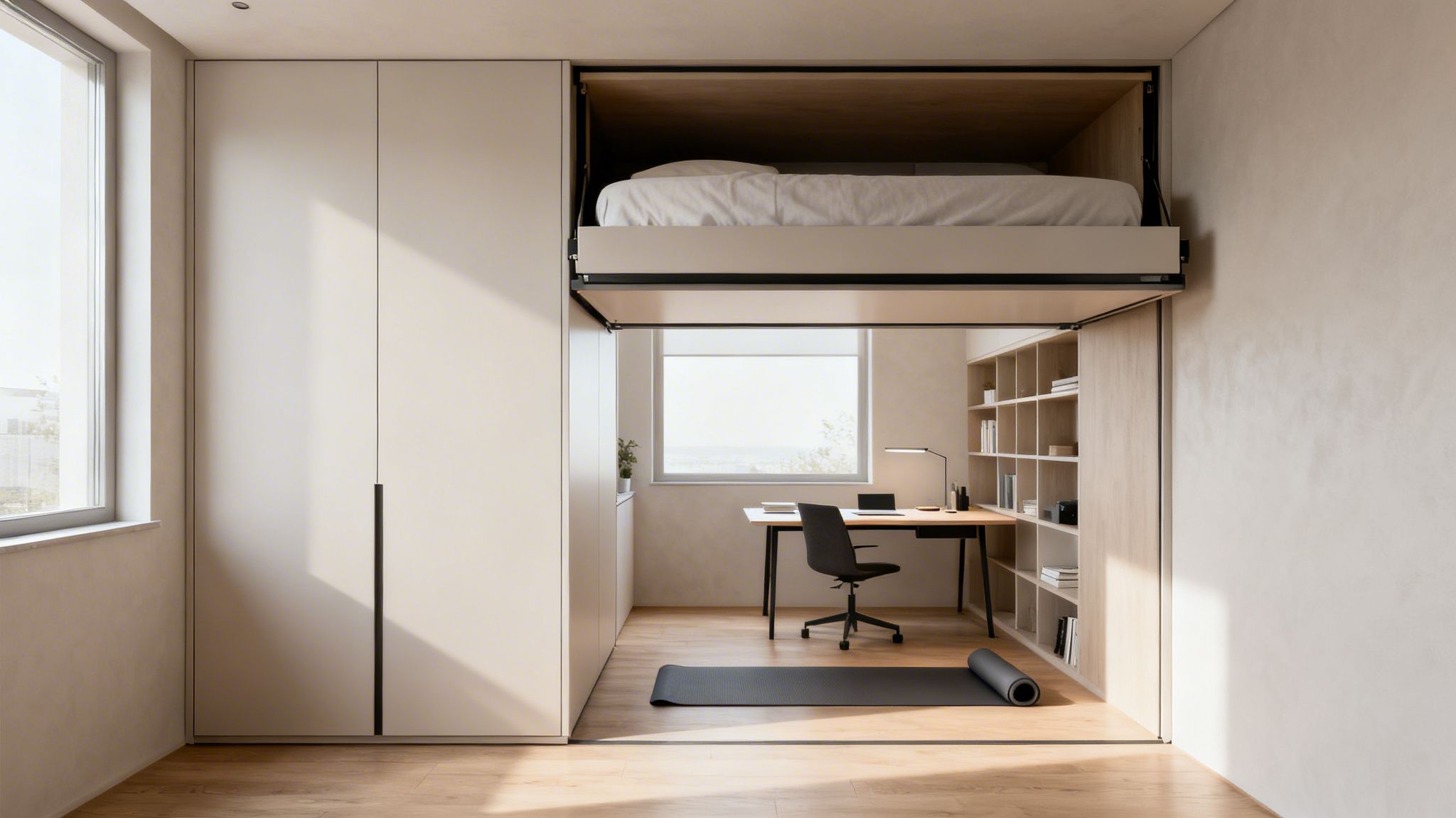 Modern studio apartment with a space-saving loft bed, desk, and built-in shelves, featuring a yoga mat.