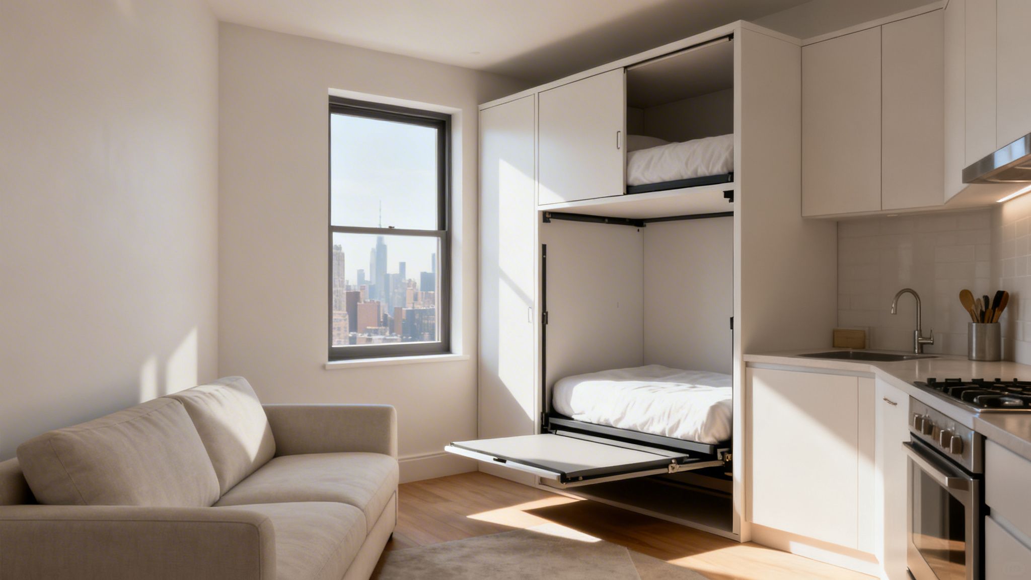 Modern studio apartment with space-saving murphy bunk beds, a sofa, and city view.
