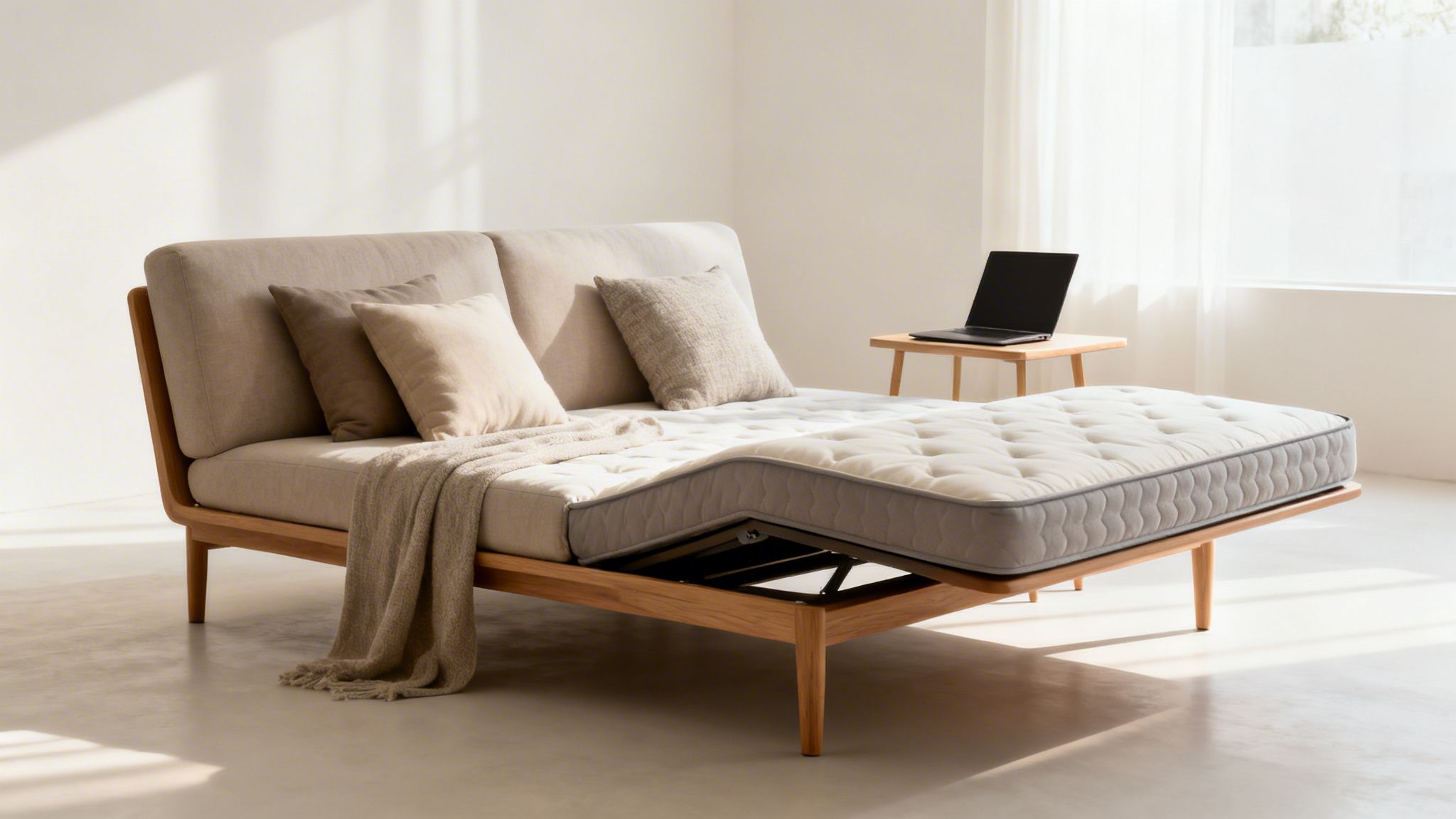 Modern adjustable sofa bed with beige cushions and mattress in a bright, minimalist studio apartment.