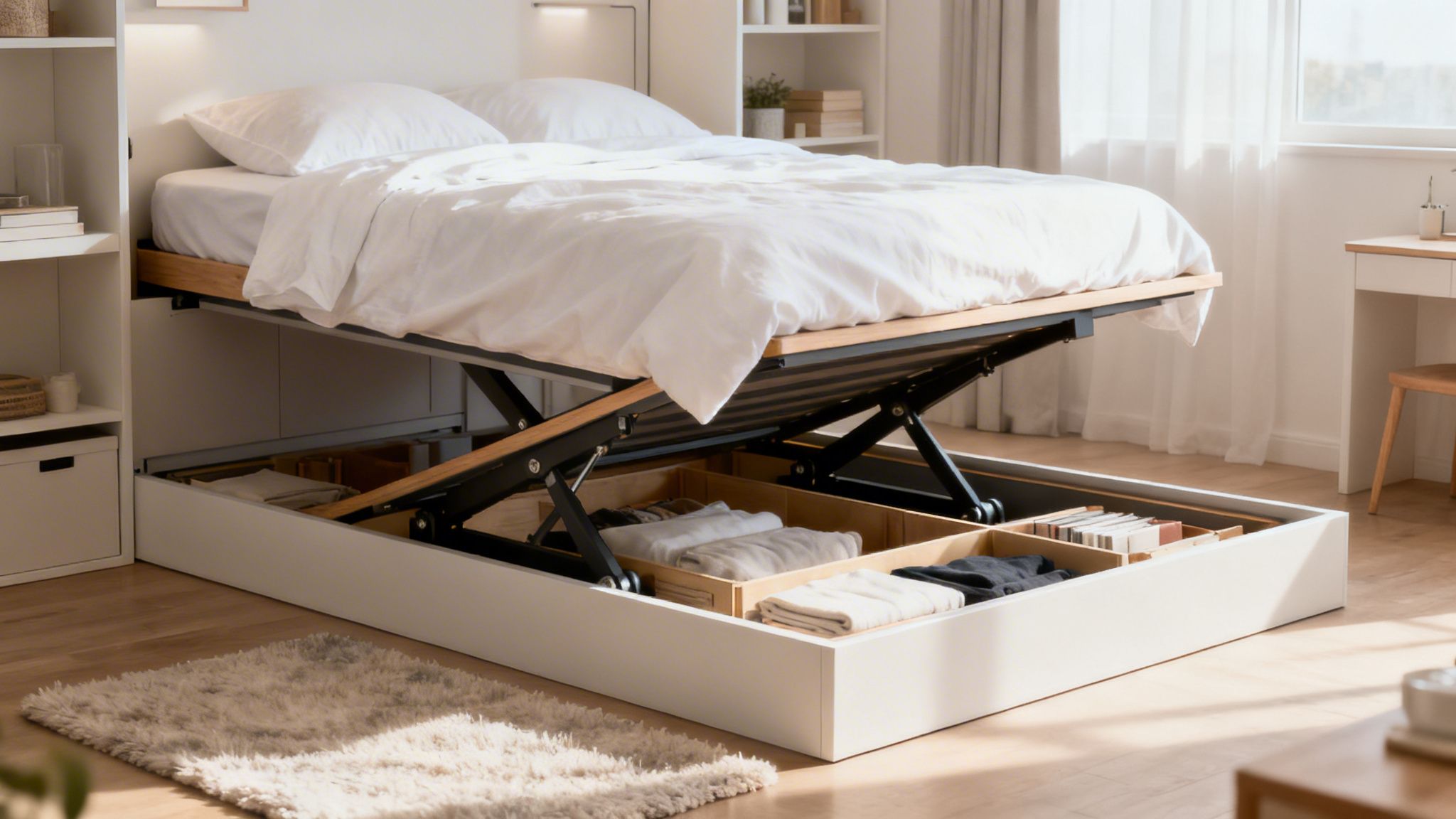 A white bed with a lifted mattress reveals organized under-bed storage containing clothes and books.