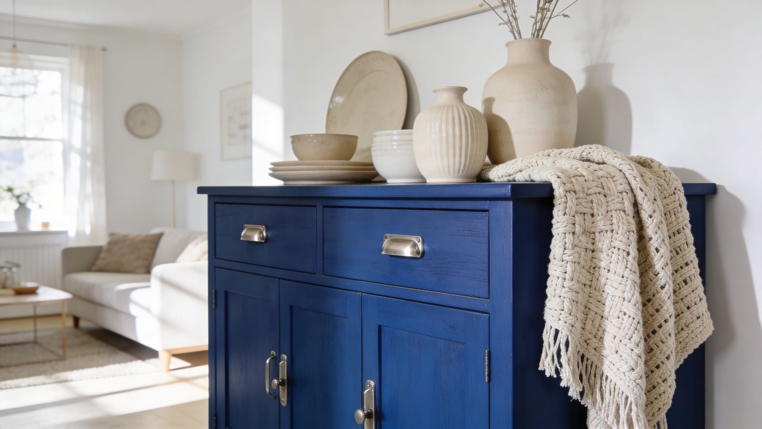 A vibrant blue wooden cabinet topped with neutral pottery and a cozy beige woven throw blanket.