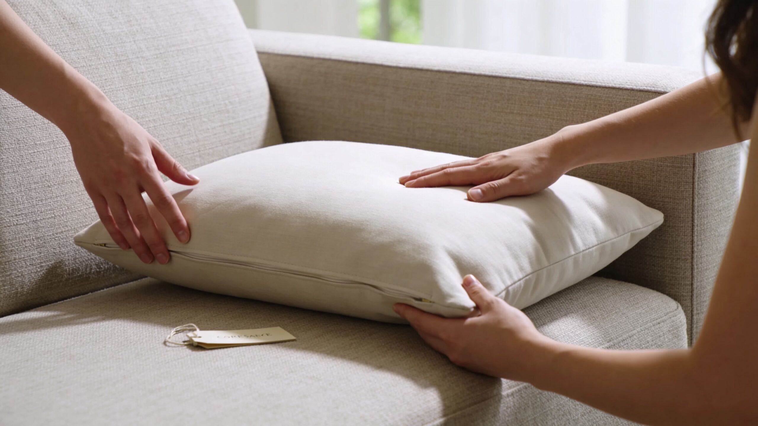 A person adjusting a neutral-toned custom couch cushion cover on a soft sofa in a home setting.