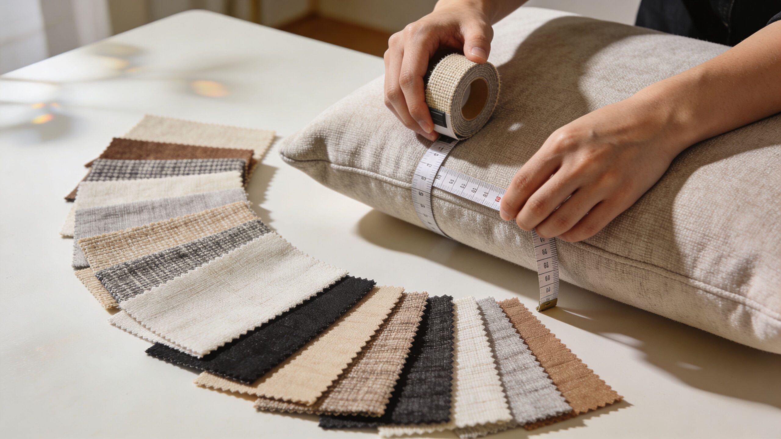 A person measuring a beige couch cushion with a tape measure next to fabric samples.