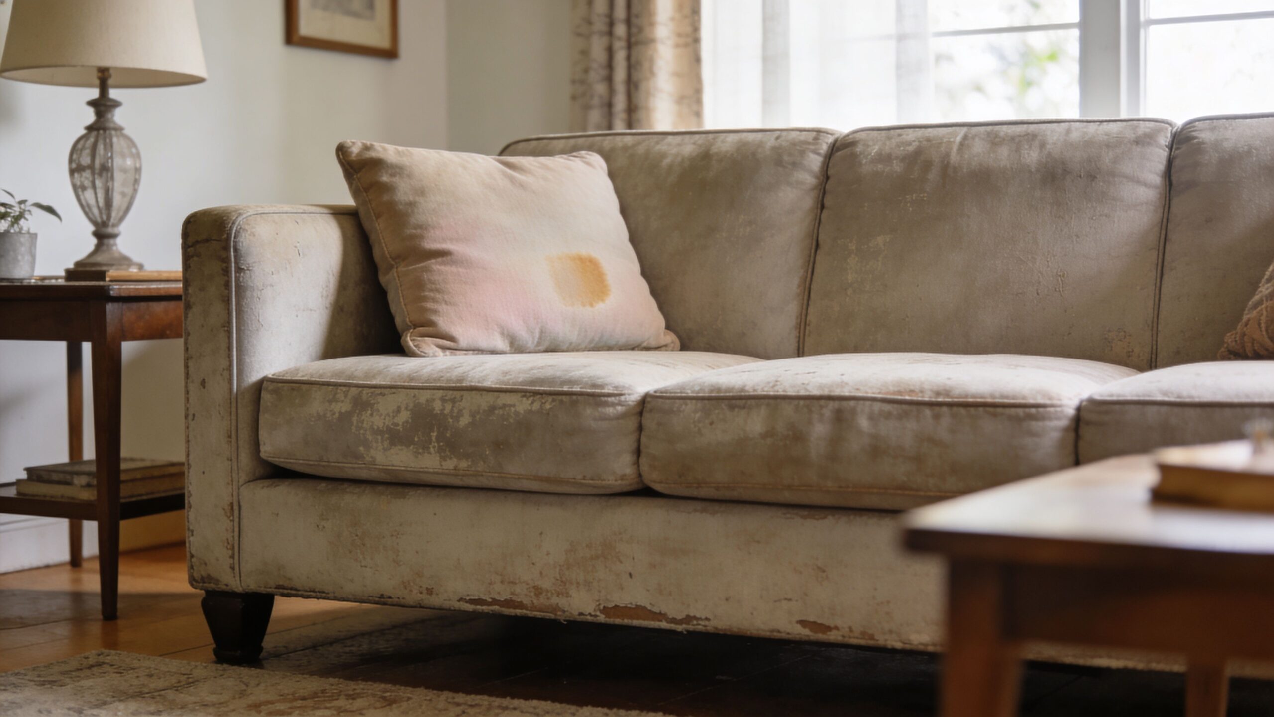 A worn vintage-style beige couch featuring a prominent stained cushion in a dimly lit living room setting.