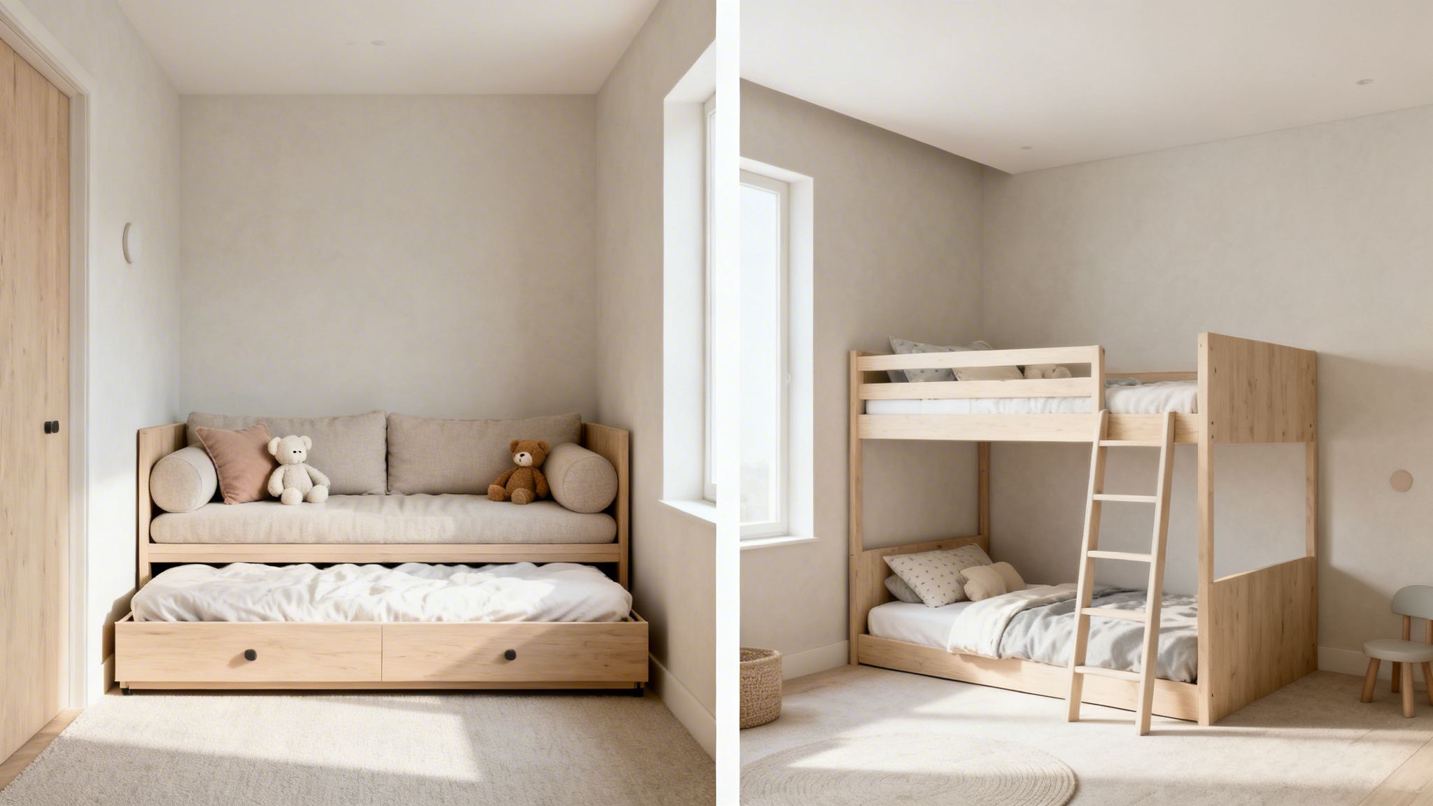 Minimalist kids' bedrooms featuring a daybed with a trundle and a natural wood bunk bed.