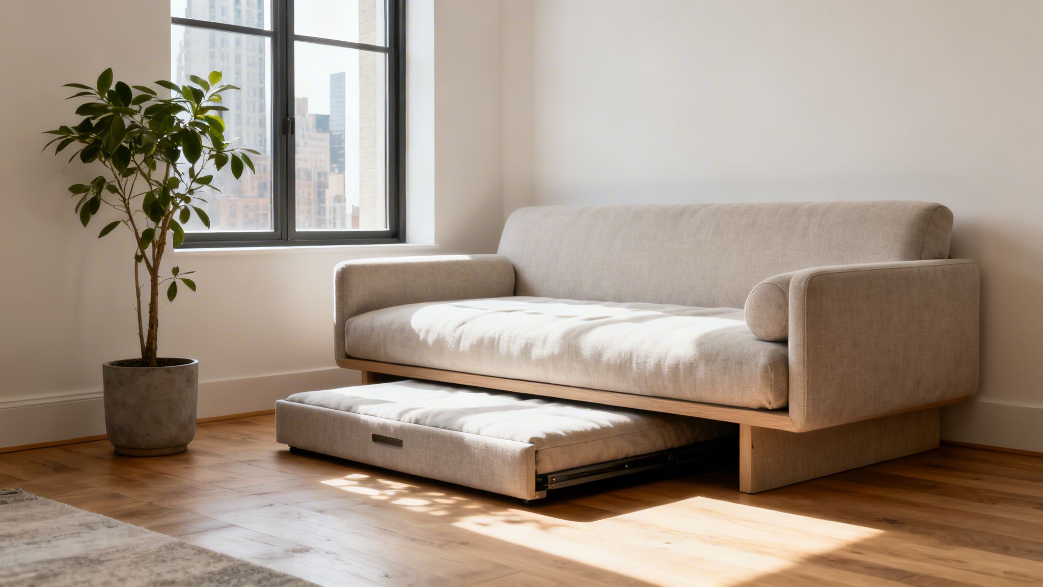 A stylish, neutral-colored daybed with a trundle bed pulled out, plant, and sunlit wooden floor.