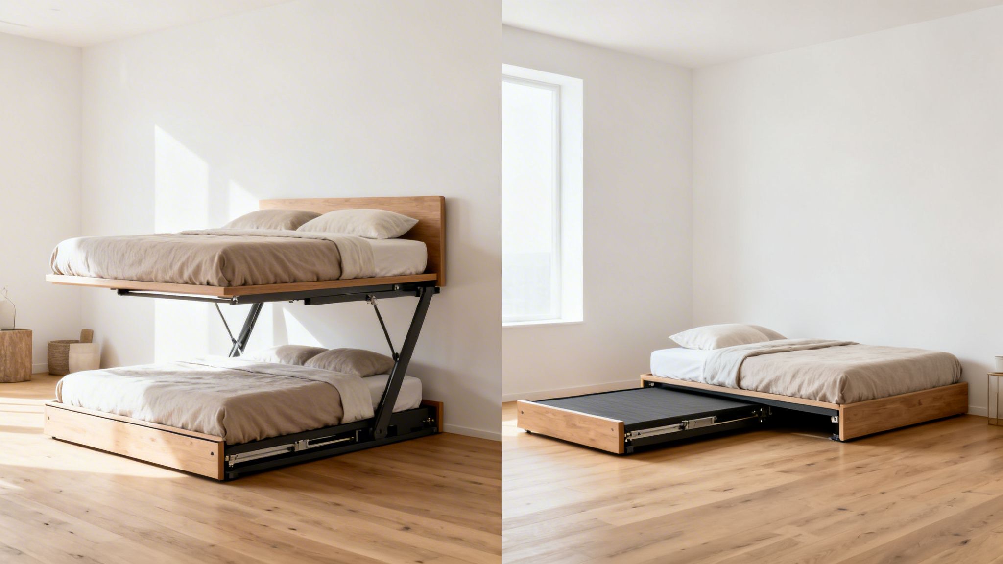 Modern wooden daybed with a pull-out trundle bed, shown as both a bunk bed and a twin bed.