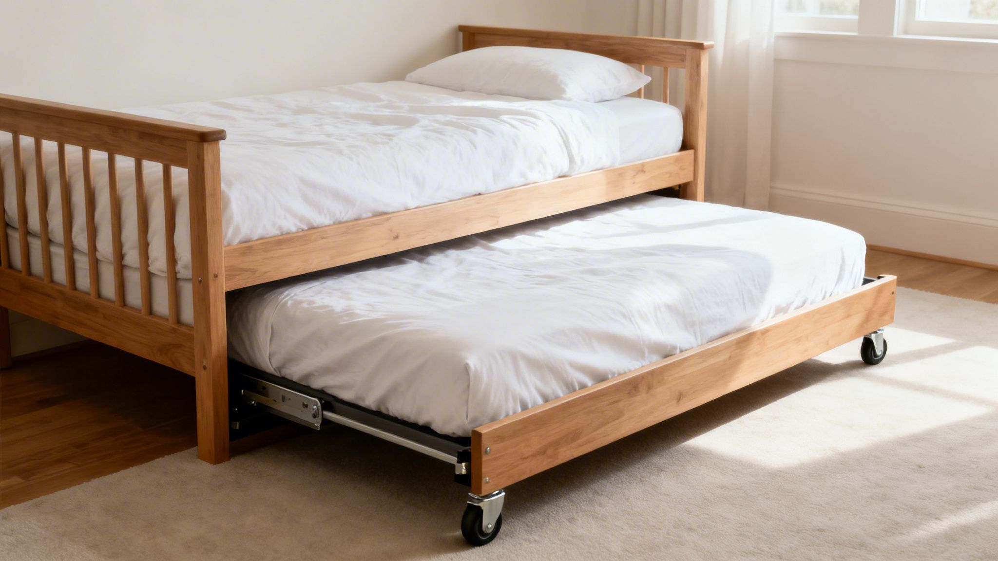 A modern wooden daybed with a white trundle bed pulled out, featuring crisp white bedding in a bright room.