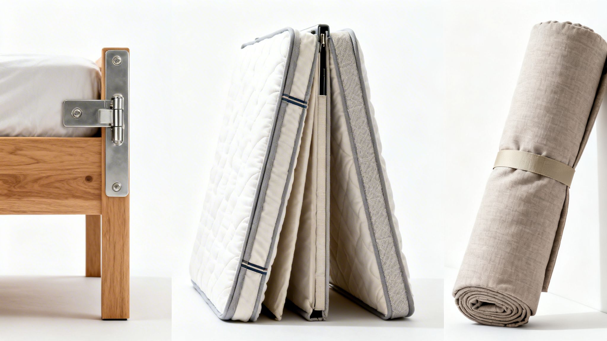 Details of a foldable futon bed: wooden frame hinge, folded mattress, and rolled bedding.