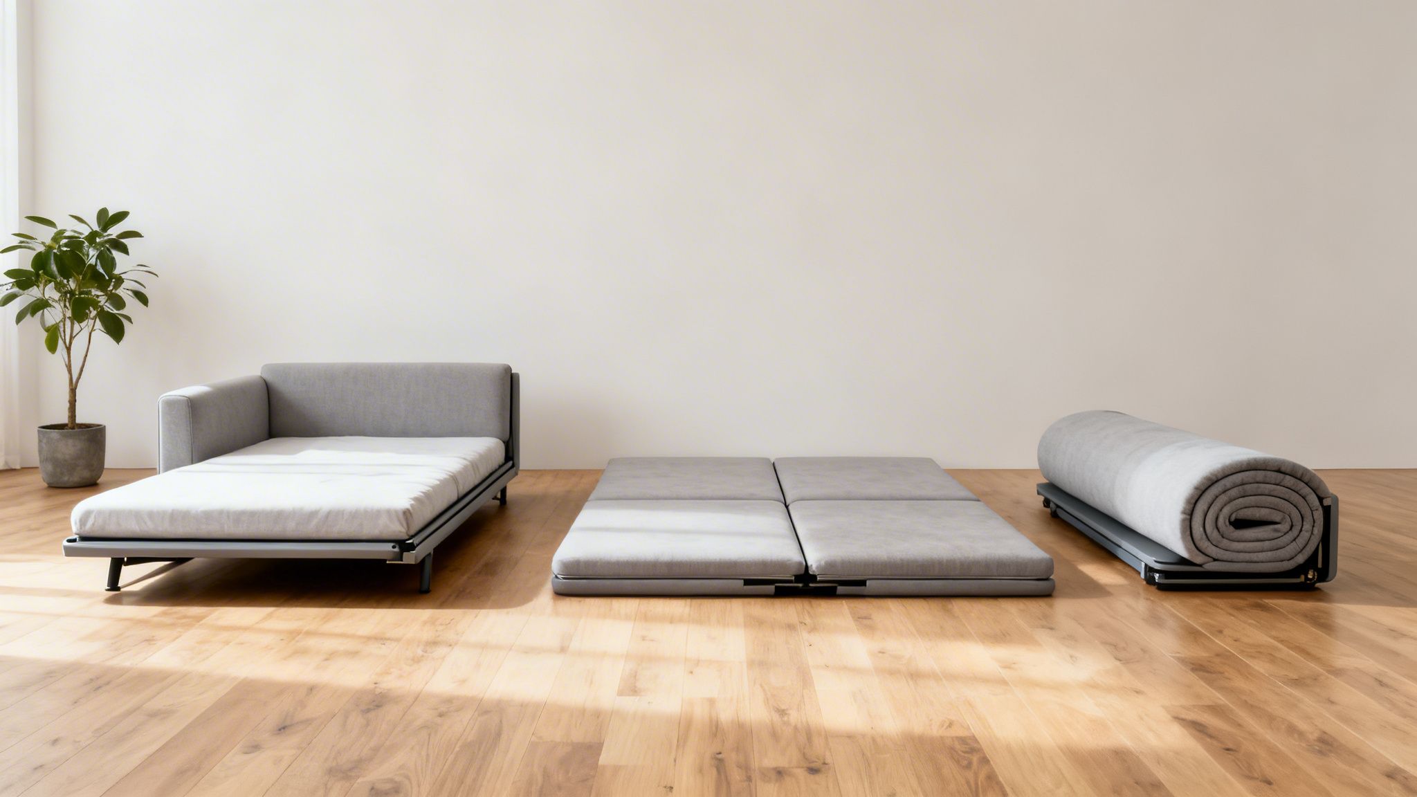 Gray foldable futon bed in lounge, flat, and rolled-up storage forms on a wooden floor.