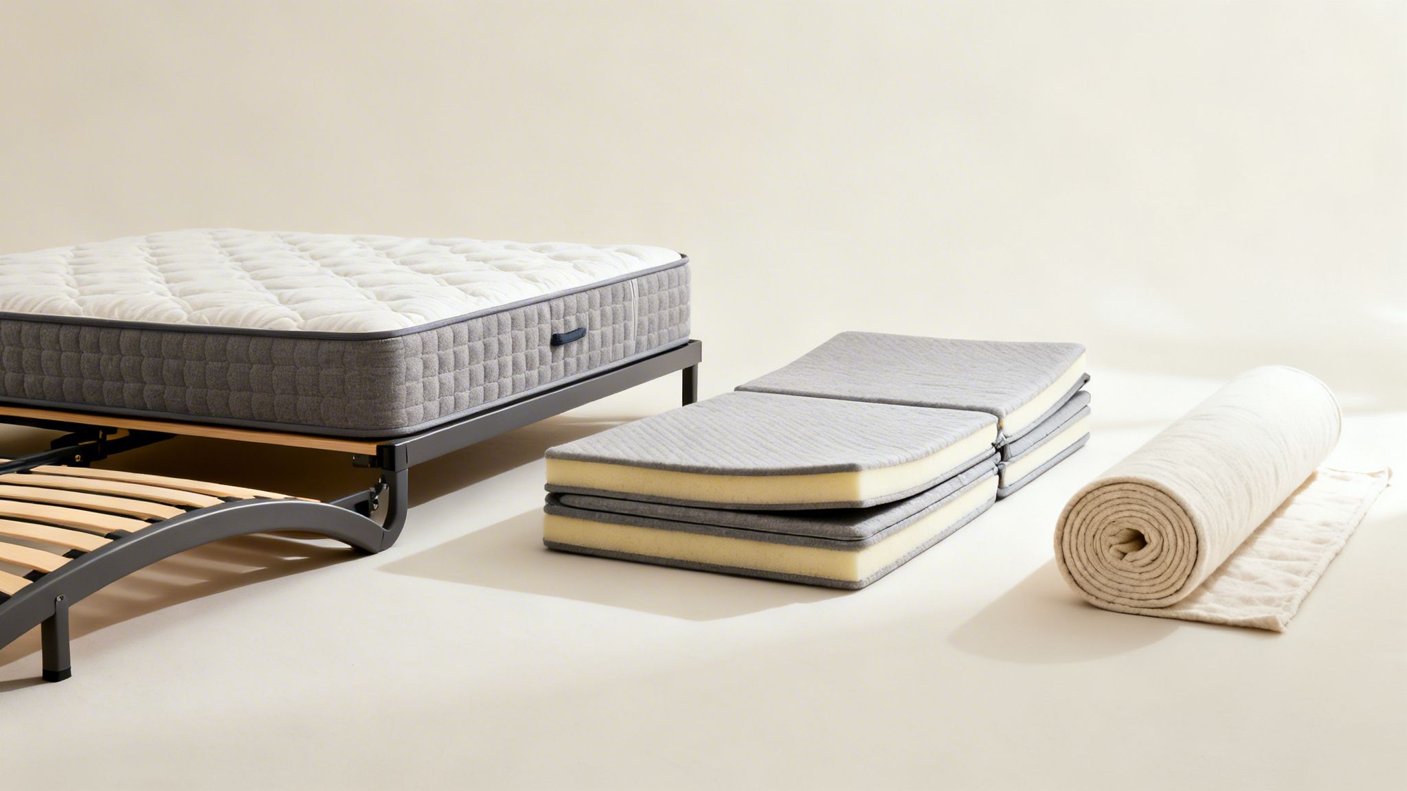 A large mattress on a bed frame, foldable futon segments, and a rolled-up topper.