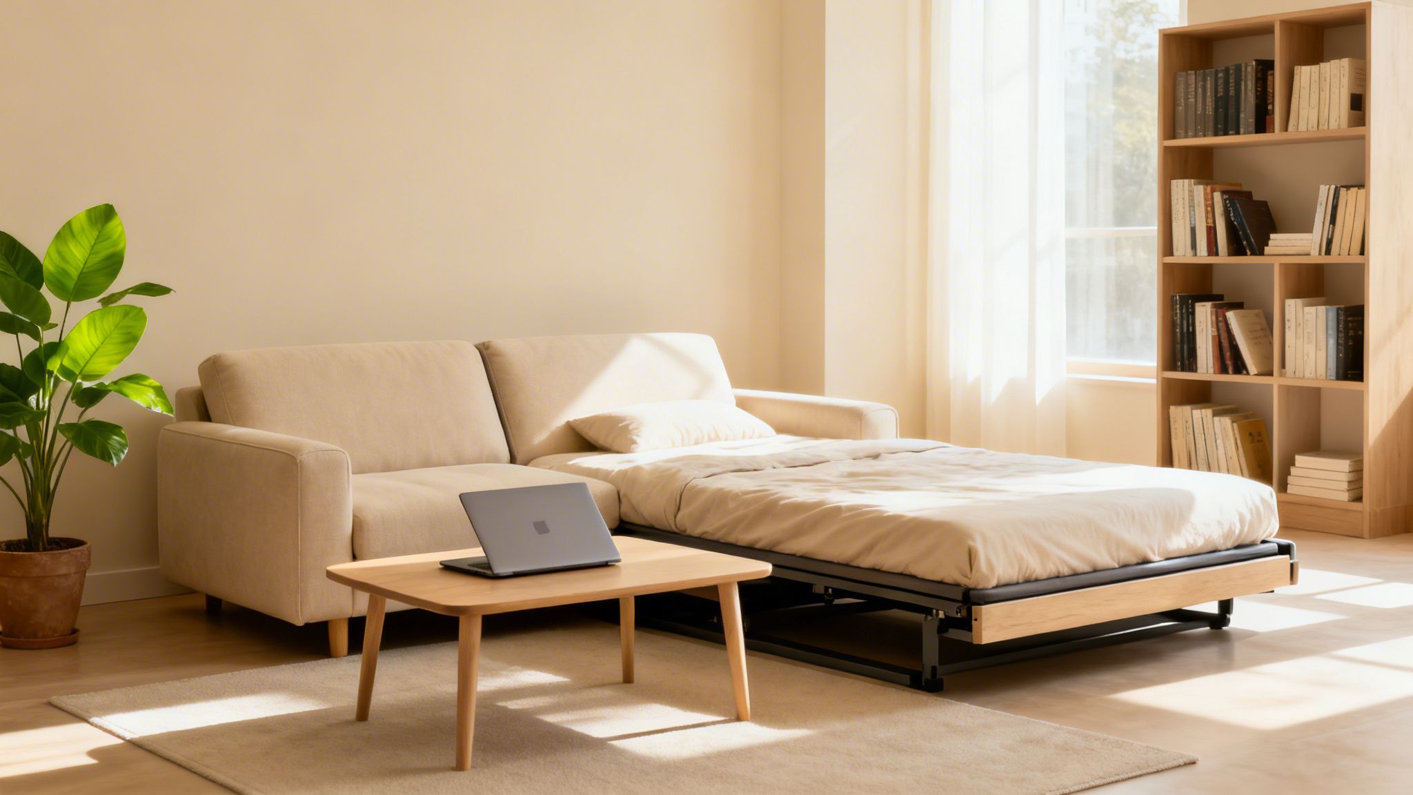 A beige foldable futon bed, a laptop on a wooden coffee table, a plant, and a bookshelf.