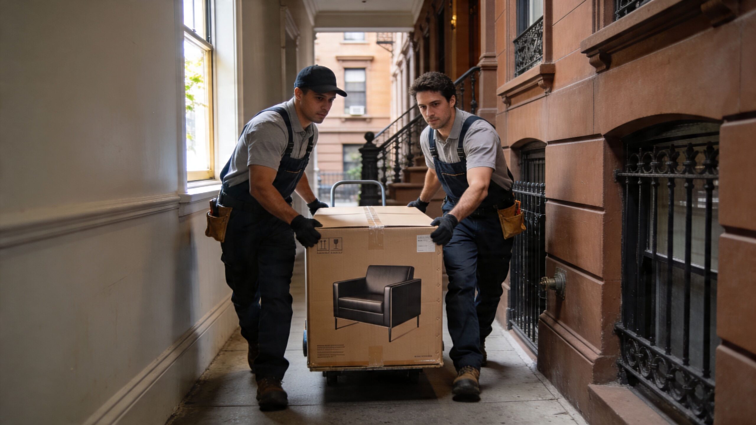 Two professional movers in uniform pushing a dolly carrying a large box with an armchair image