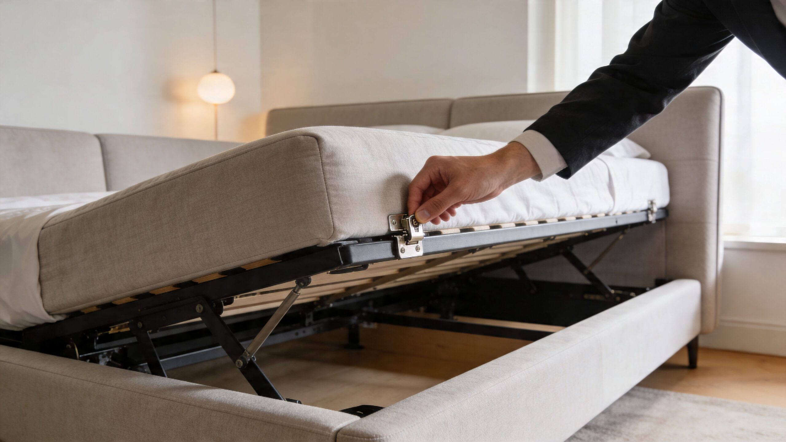 A person in a suit demonstrating how to lift the mattress of an upholstered storage bed frame.