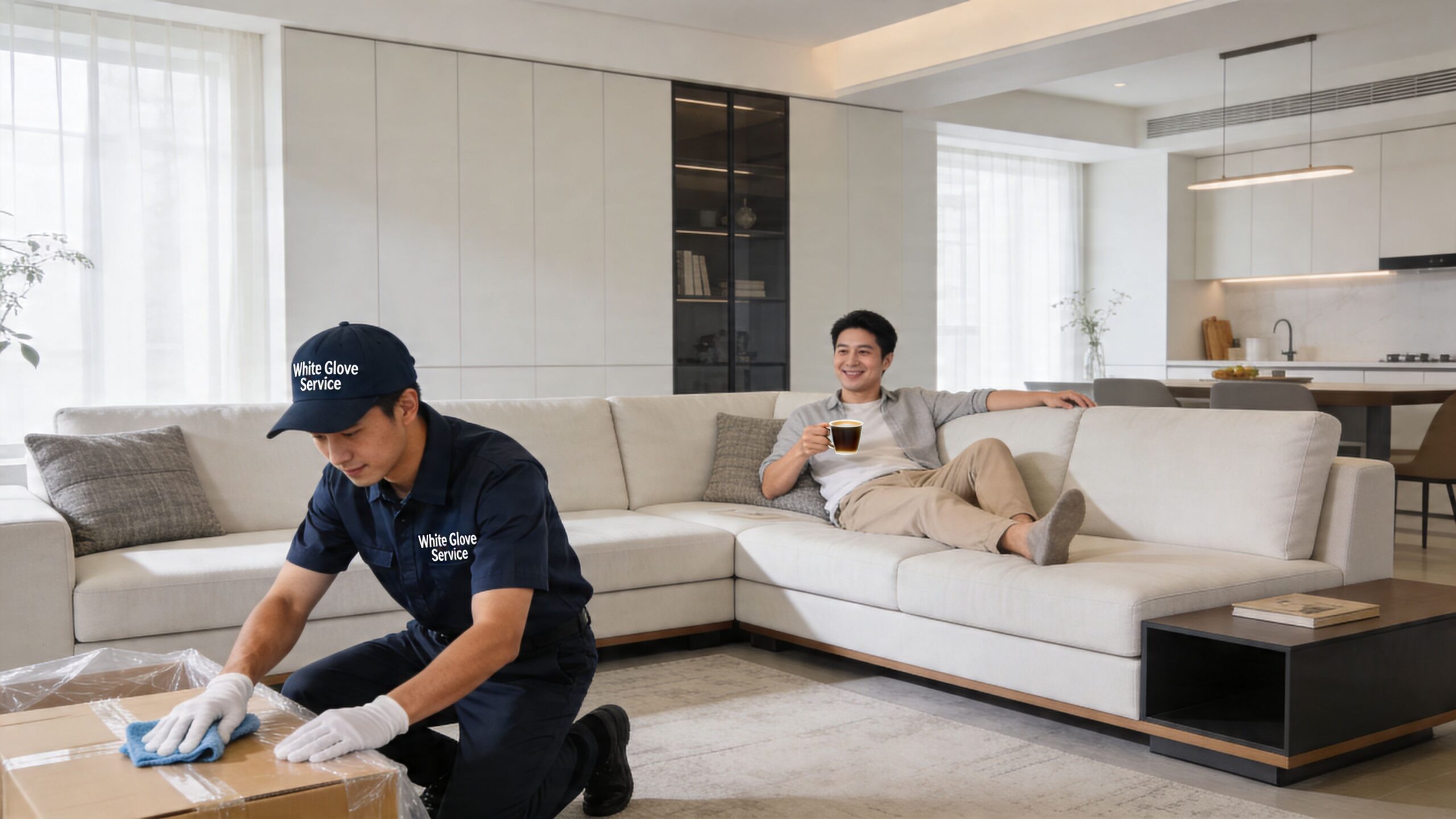 A professional white glove service worker cleaning furniture in a modern living room while a resident relaxes.