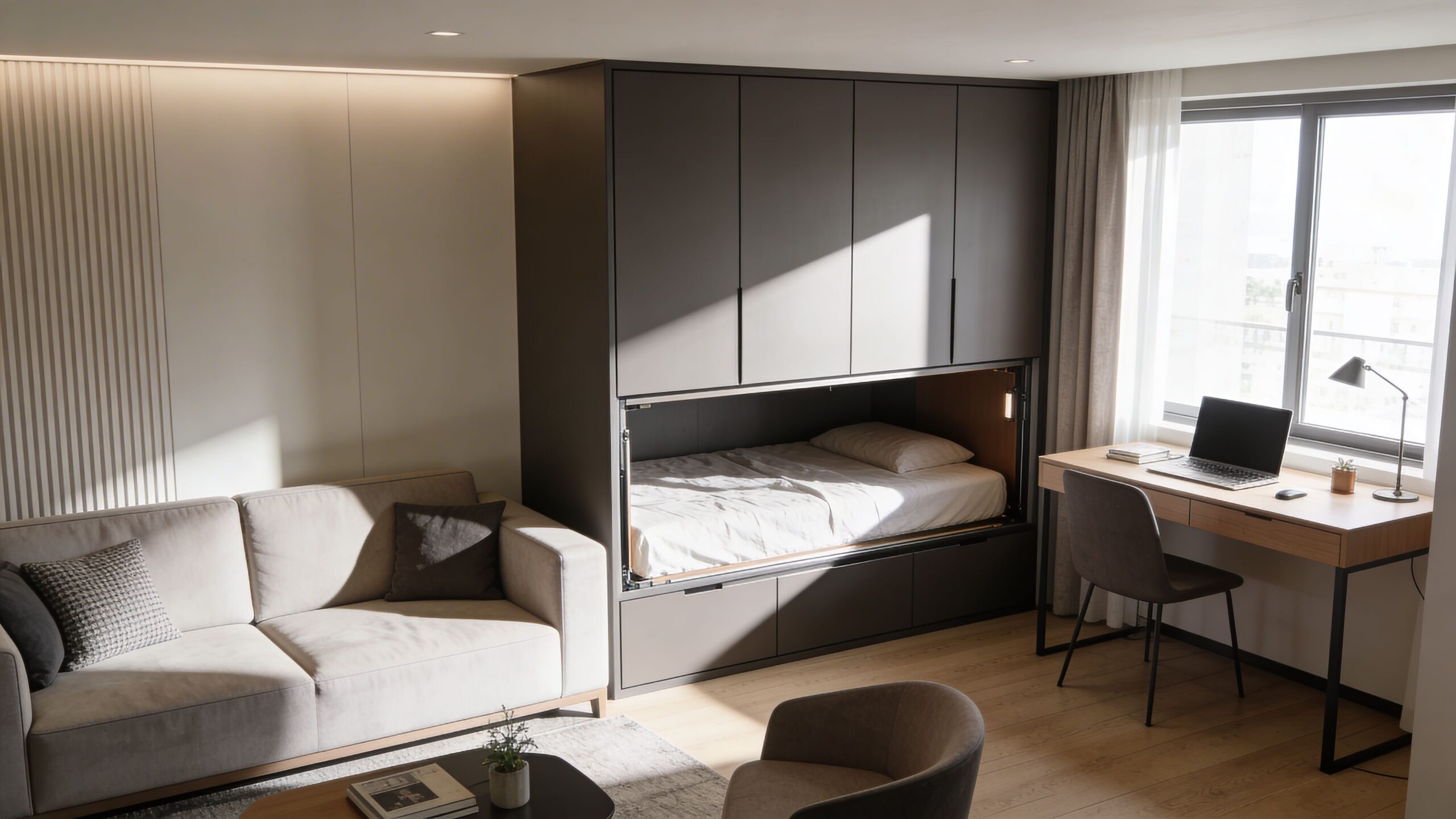 A modern minimalist living room featuring a compact murphy bed built into a dark gray wall cabinet.
