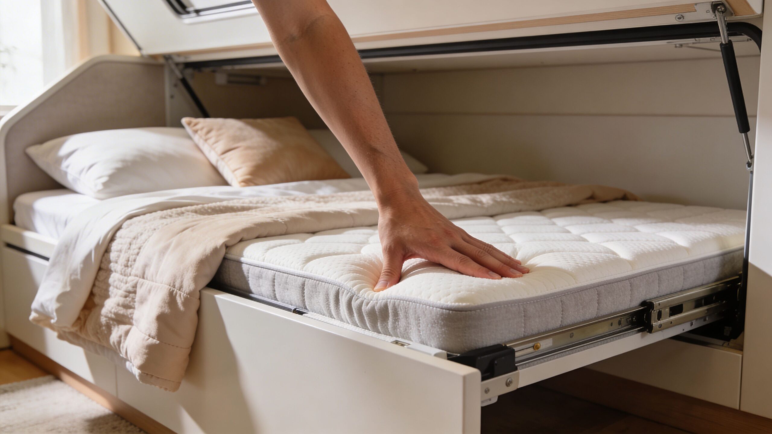 A hand touches a memory foam mattress on a pull-out trundle bed within a modern bedroom furniture piece.