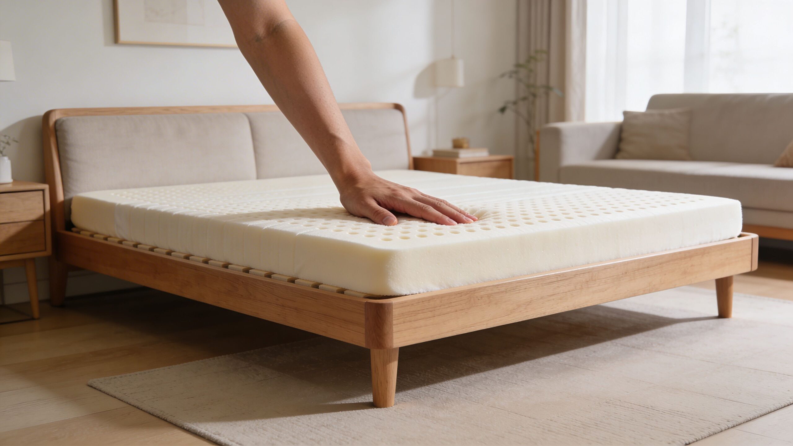 A person's hand presses down on a comfortable white latex mattress placed on a wooden bed frame.