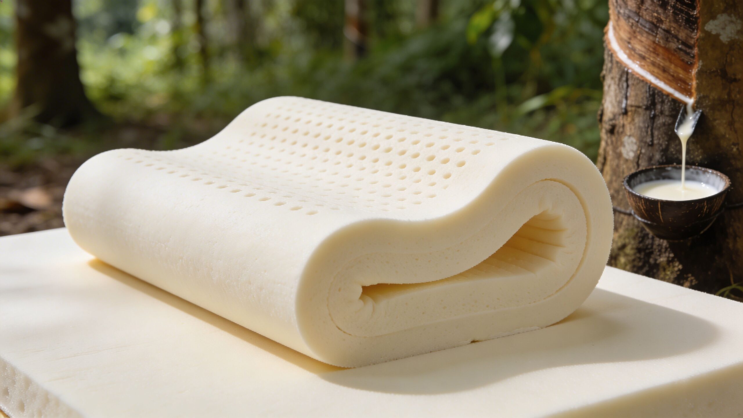 A natural latex pillow resting on a slab of foam near a rubber tree with collecting sap.