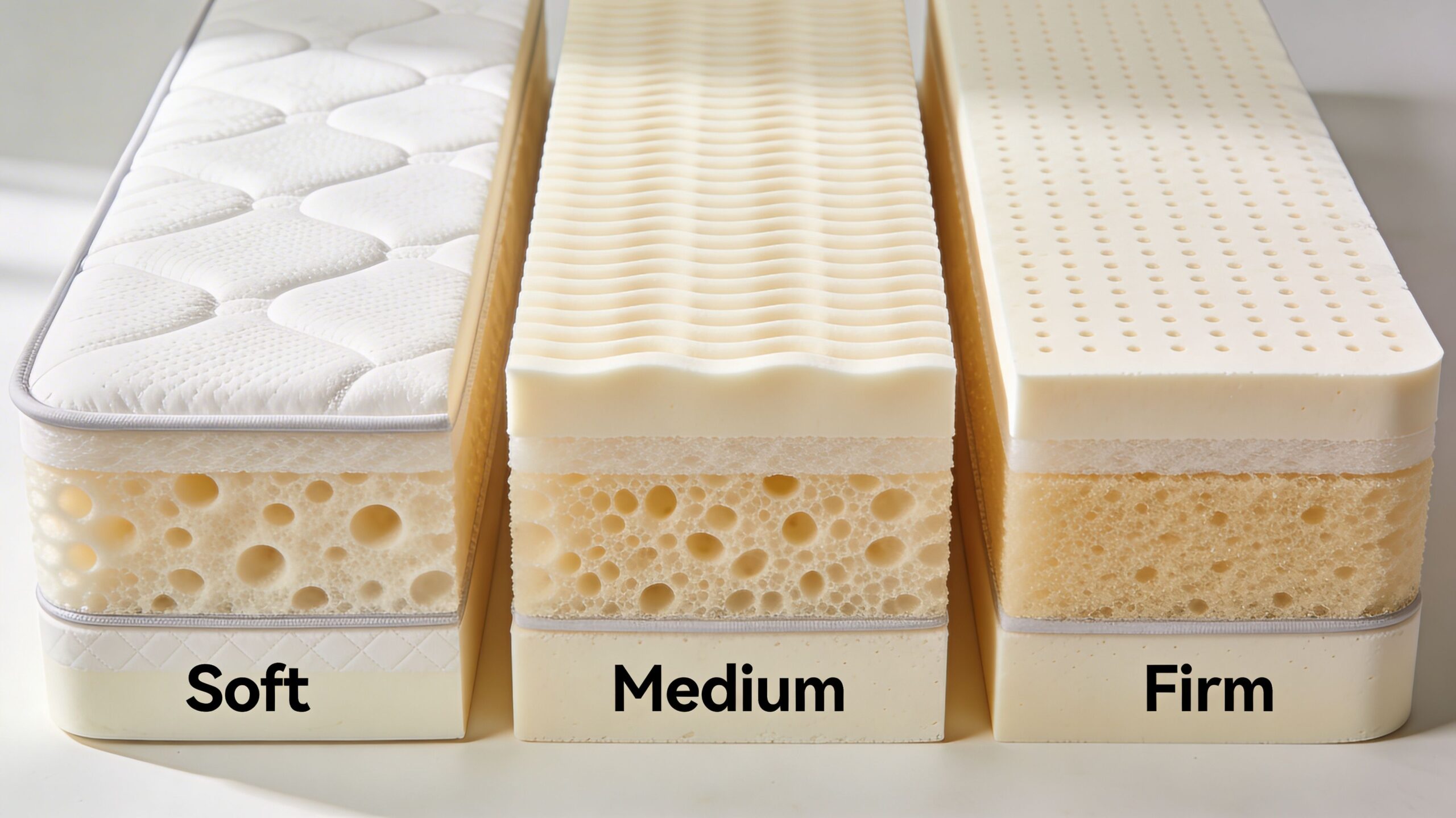 Three different types of mattresses displayed side by side labelled as soft, medium, and firm for comparison.