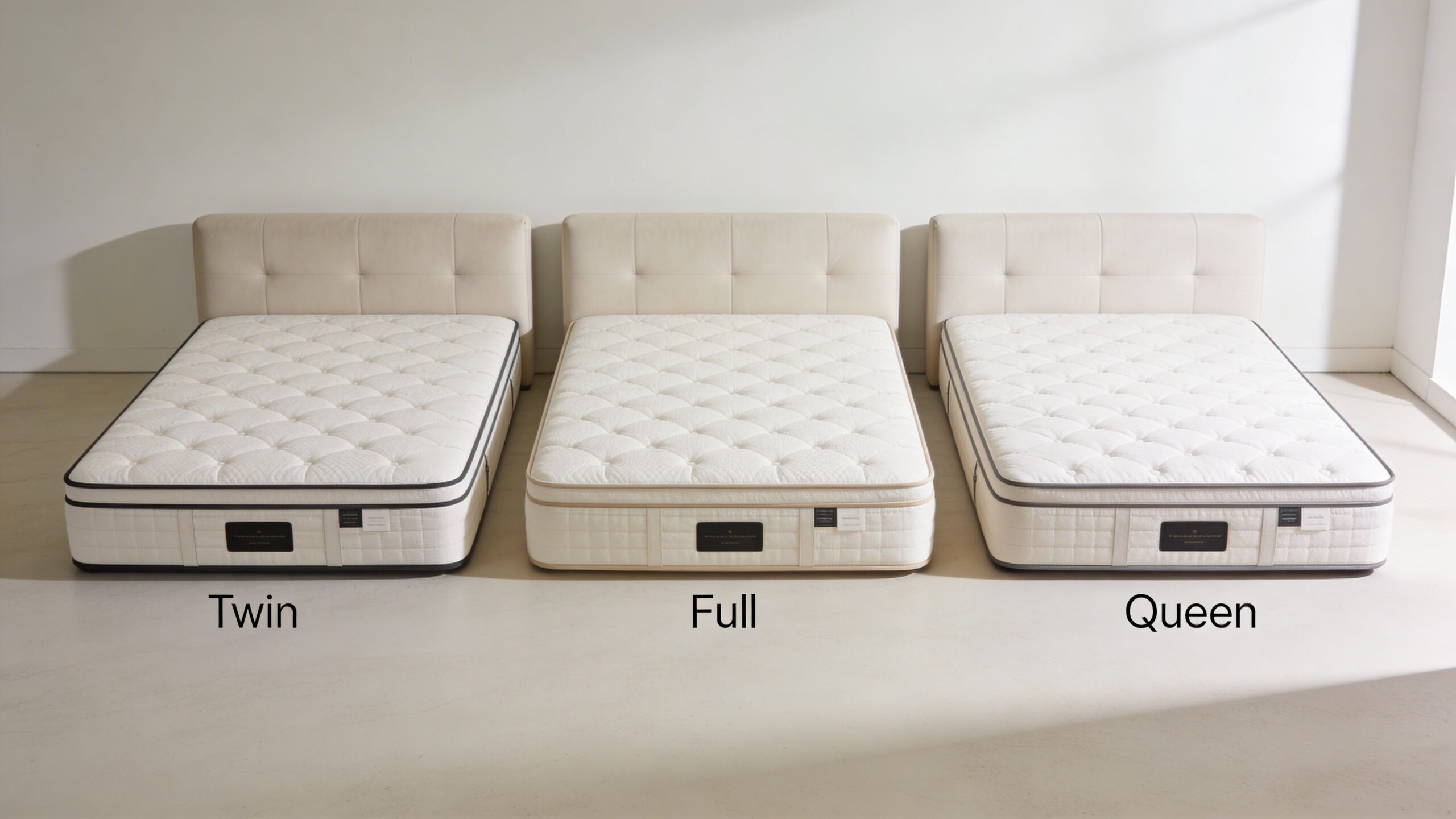 Three identical mattress beds in twin, full, and queen sizes lined up against a white wall.