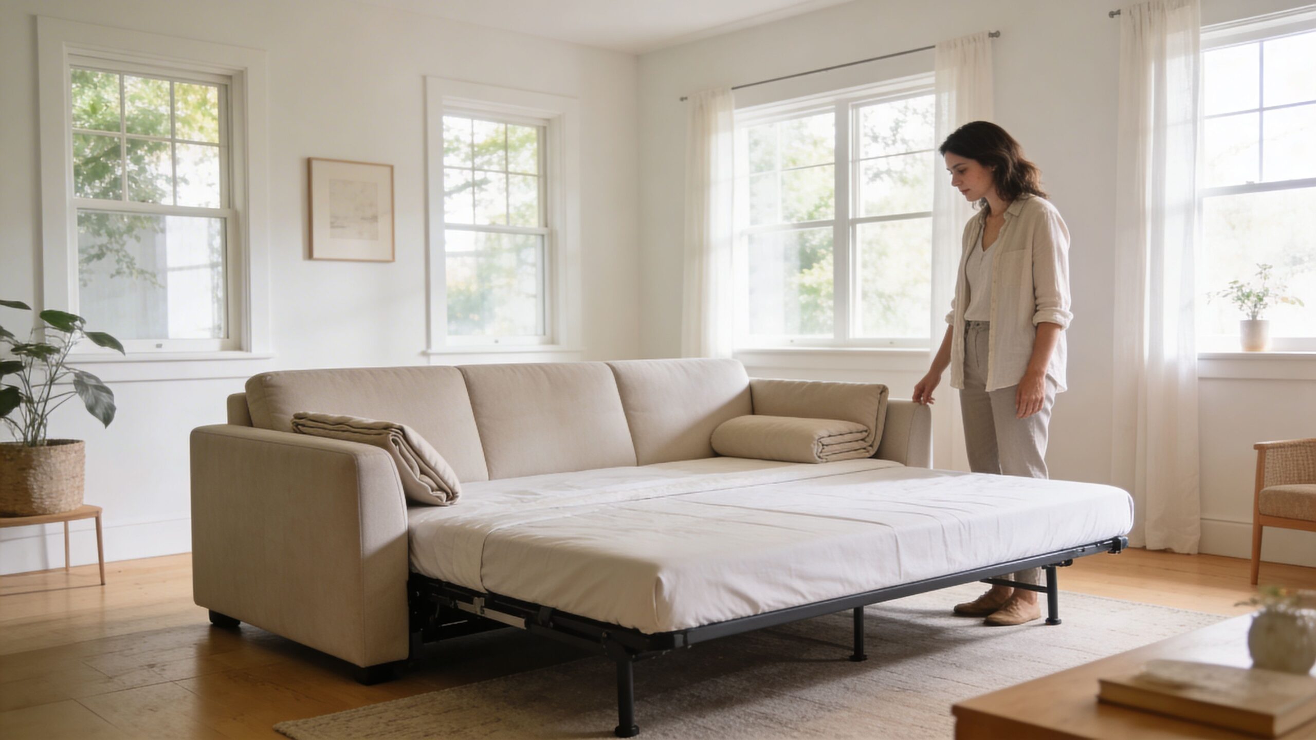 A woman stands beside an open beige sofa bed in a bright, modern living room with large windows.