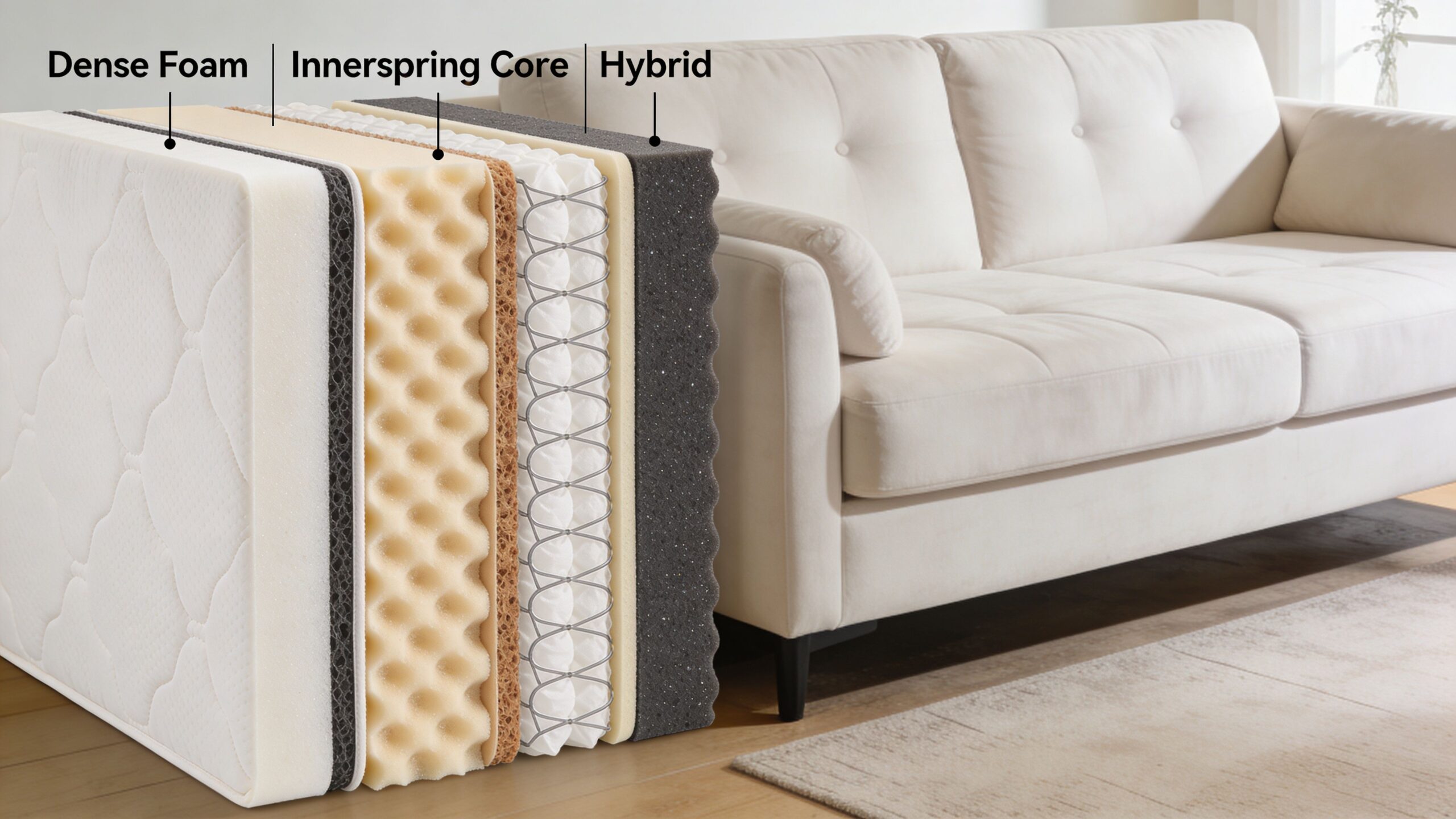 A layered mattress cross-section showing foam, springs, and hybrid construction materials beside a modern beige sofa.