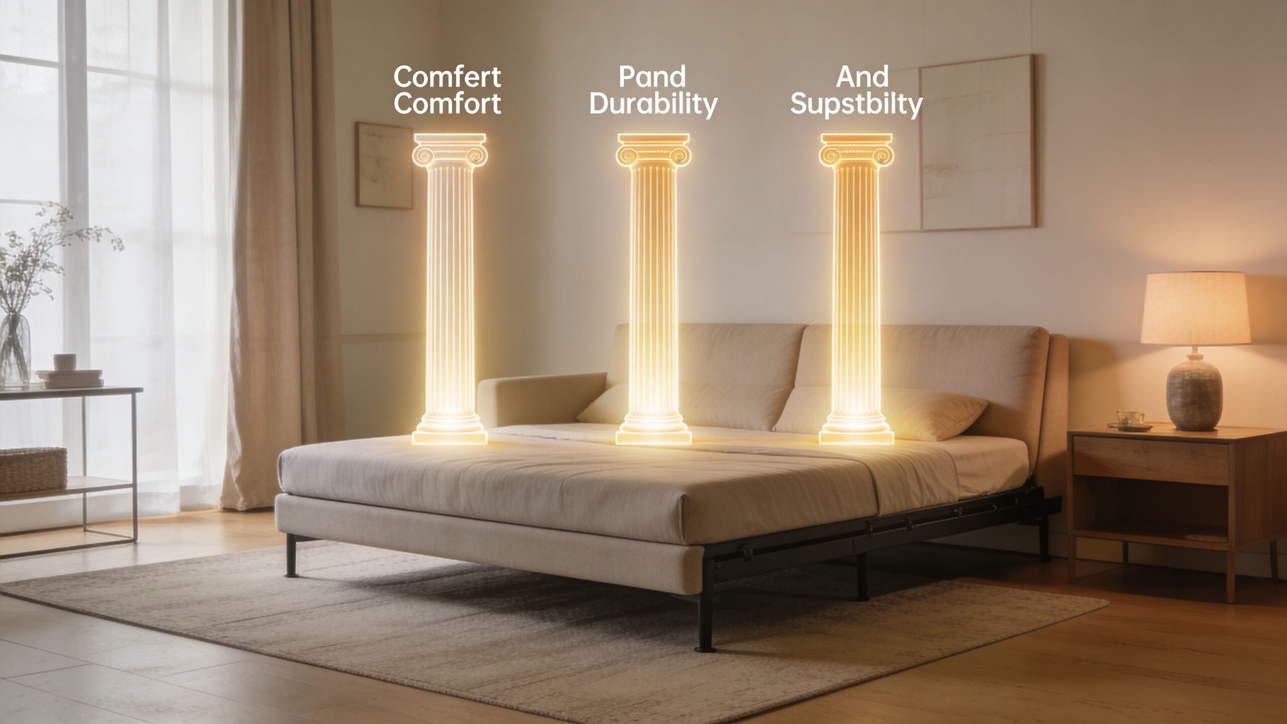 A minimalist modern bedroom featuring a beige futon sofa bed with three glowing pillars representing comfort, durability, and stability.