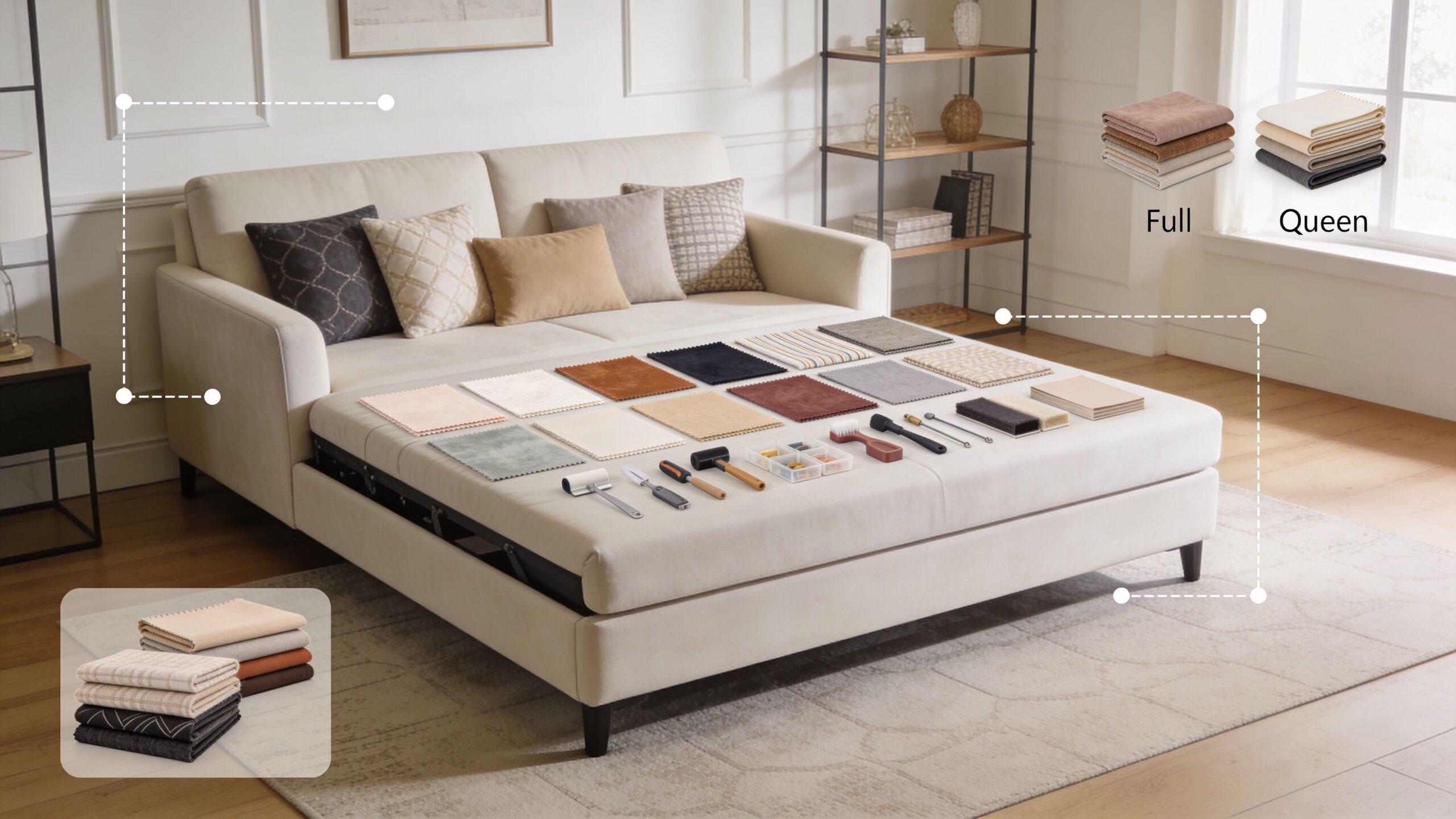 A modern neutral sofa bed with fabric swatches, tools, and bedding size options displayed in a living room.