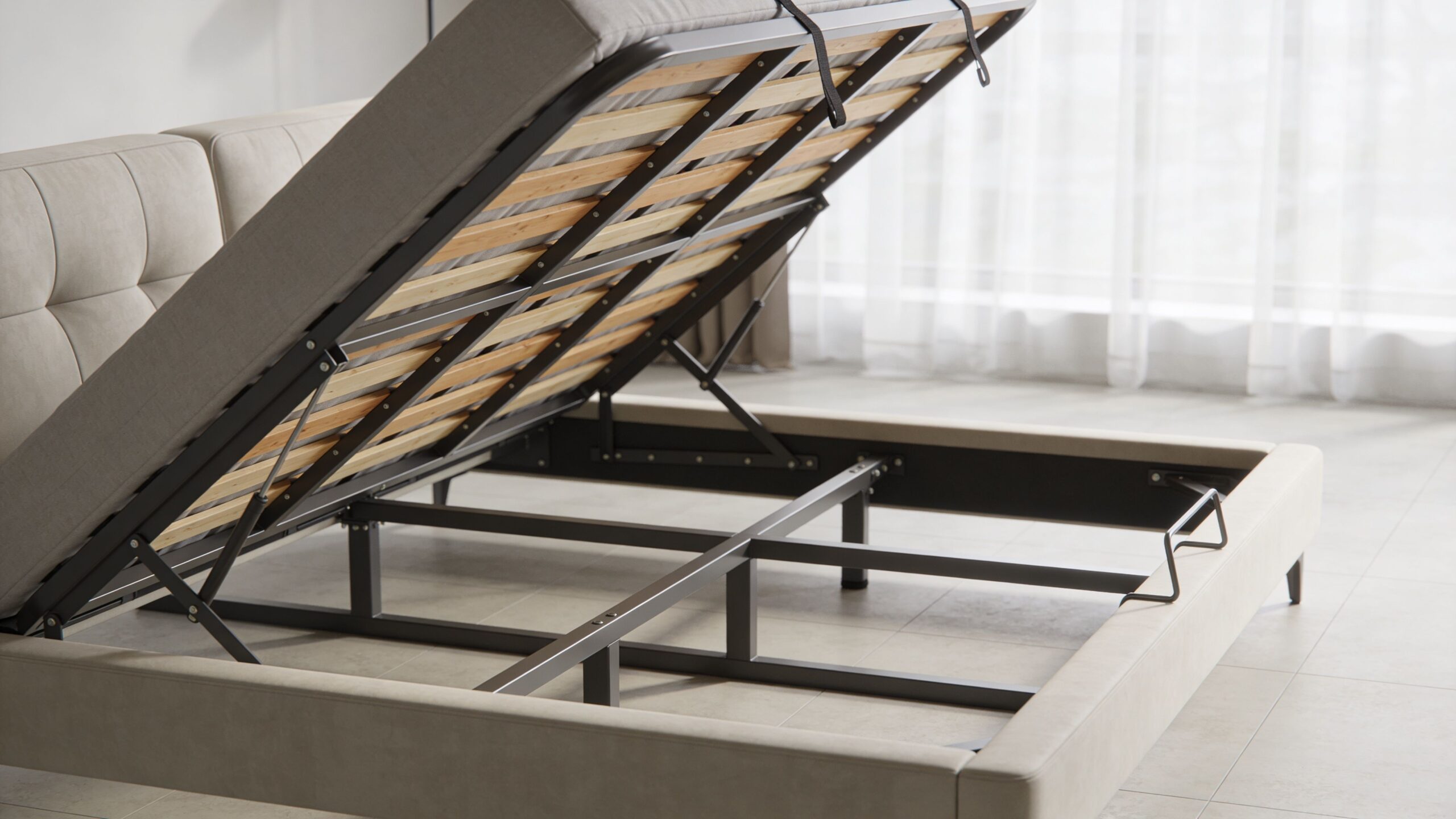 An open storage bed frame with wooden slats, metal support structure, and light beige upholstered base.