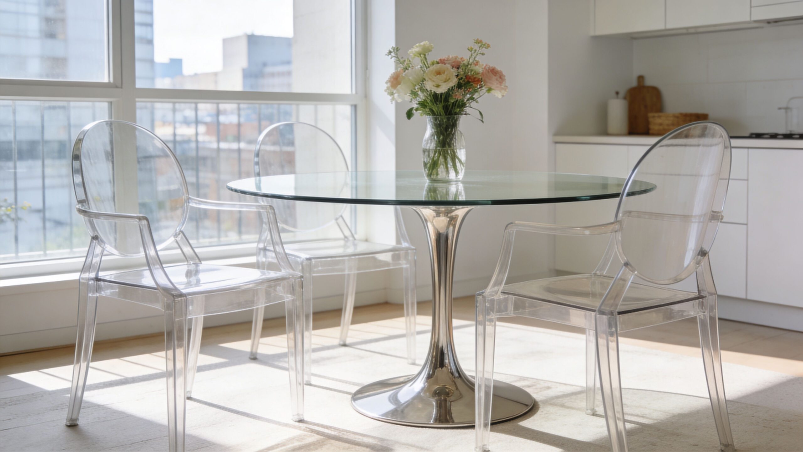 A minimalist glass top dining table with clear acrylic chairs set in a bright modern home.