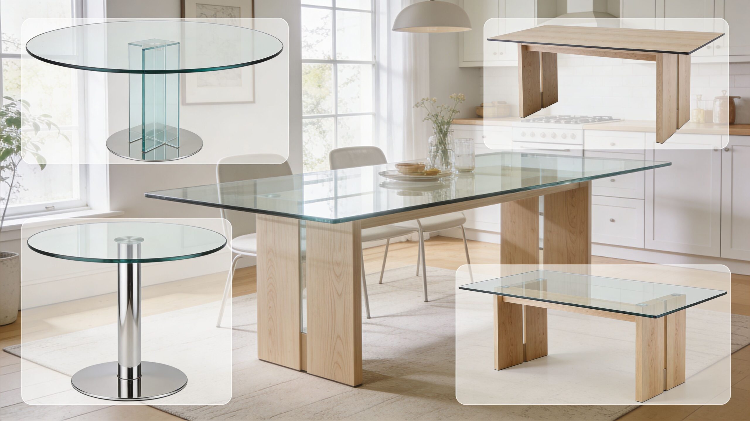 Collage of contemporary glass top dining room tables showcasing various wooden and metal base designs for interior styling.