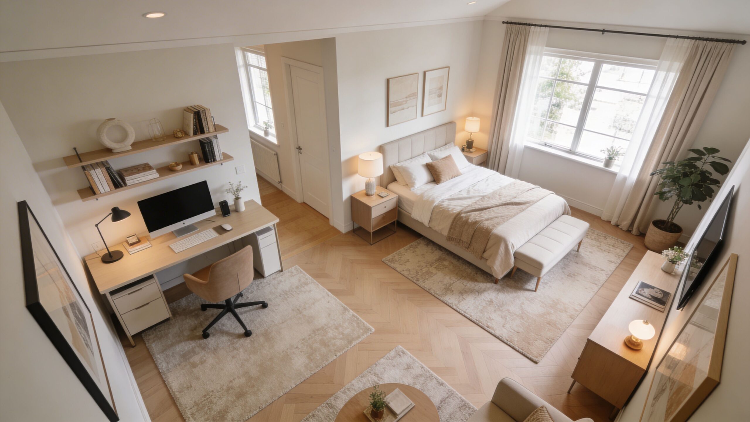 A bright and stylish bedroom and home office combo featuring light wood furniture and a cozy bed.
