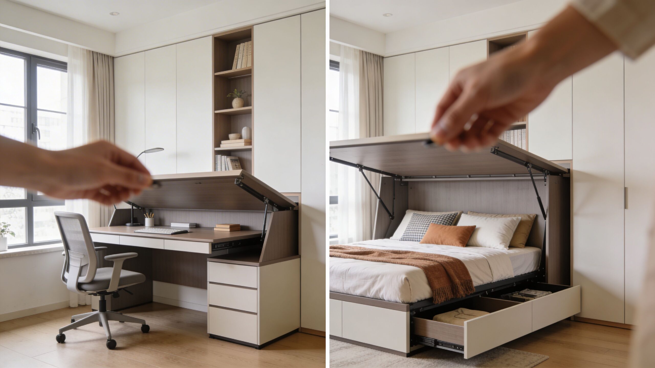A dual-purpose furniture piece that transforms from a functional home office desk into a comfortable guest bed.
