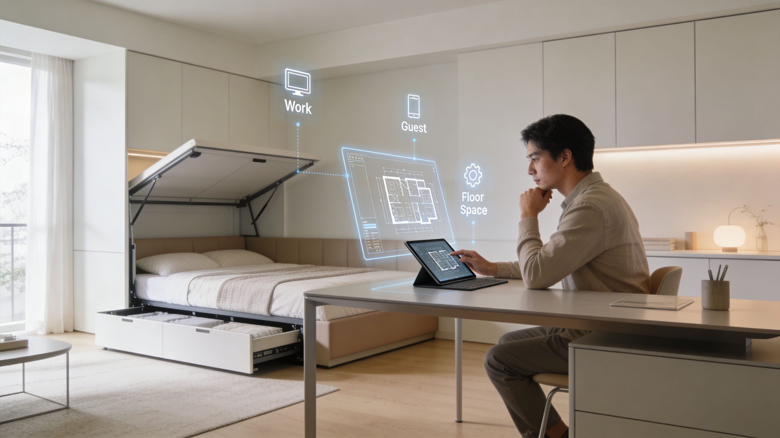 A man working on a tablet in a modern home office that features a space-saving Murphy bed.