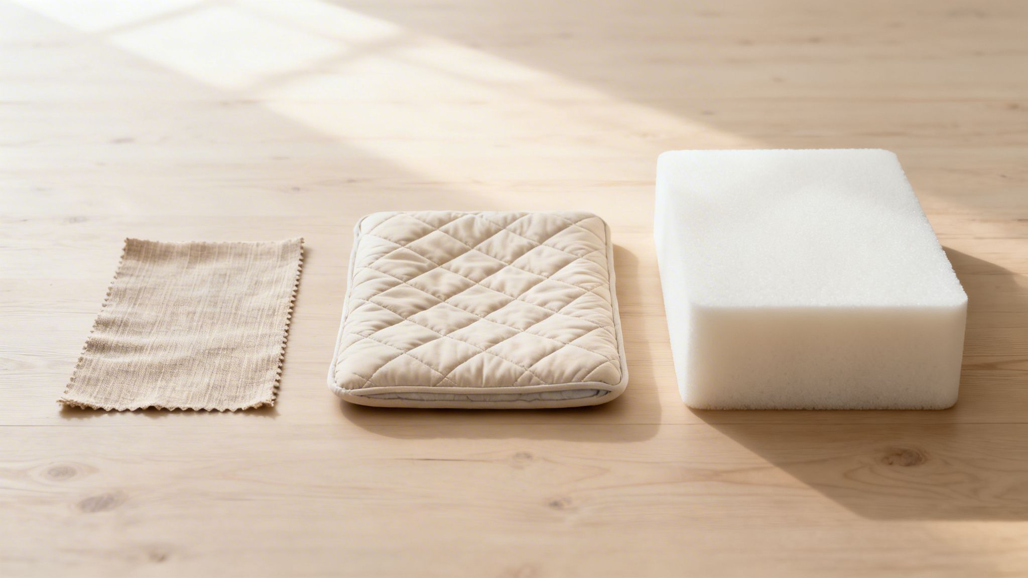 Three items on a light wooden floor: a fabric swatch, a quilted cover, and a foam block.