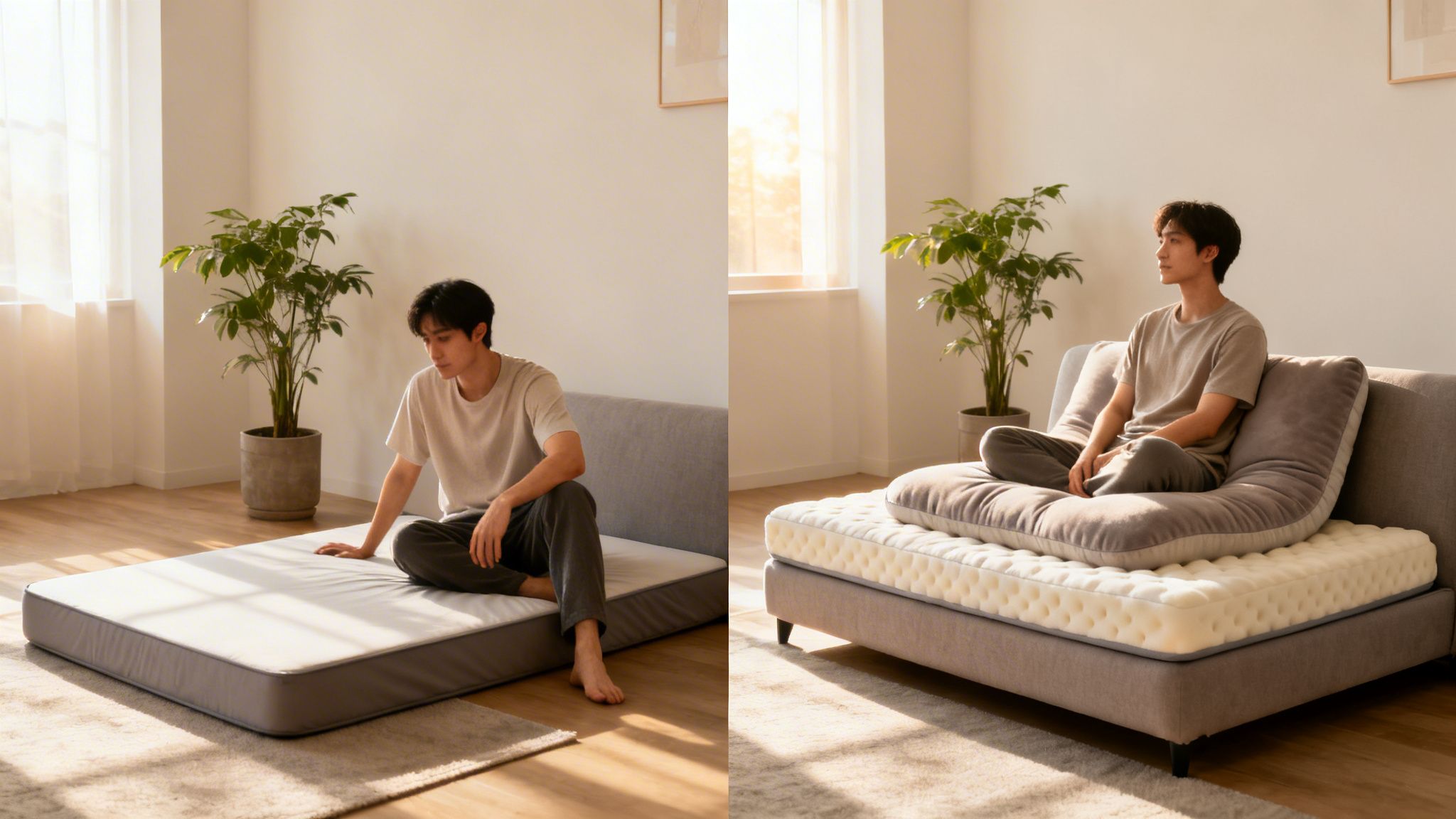 A man demonstrates a versatile memory foam futon mattress pad transforming from floor to bed use.