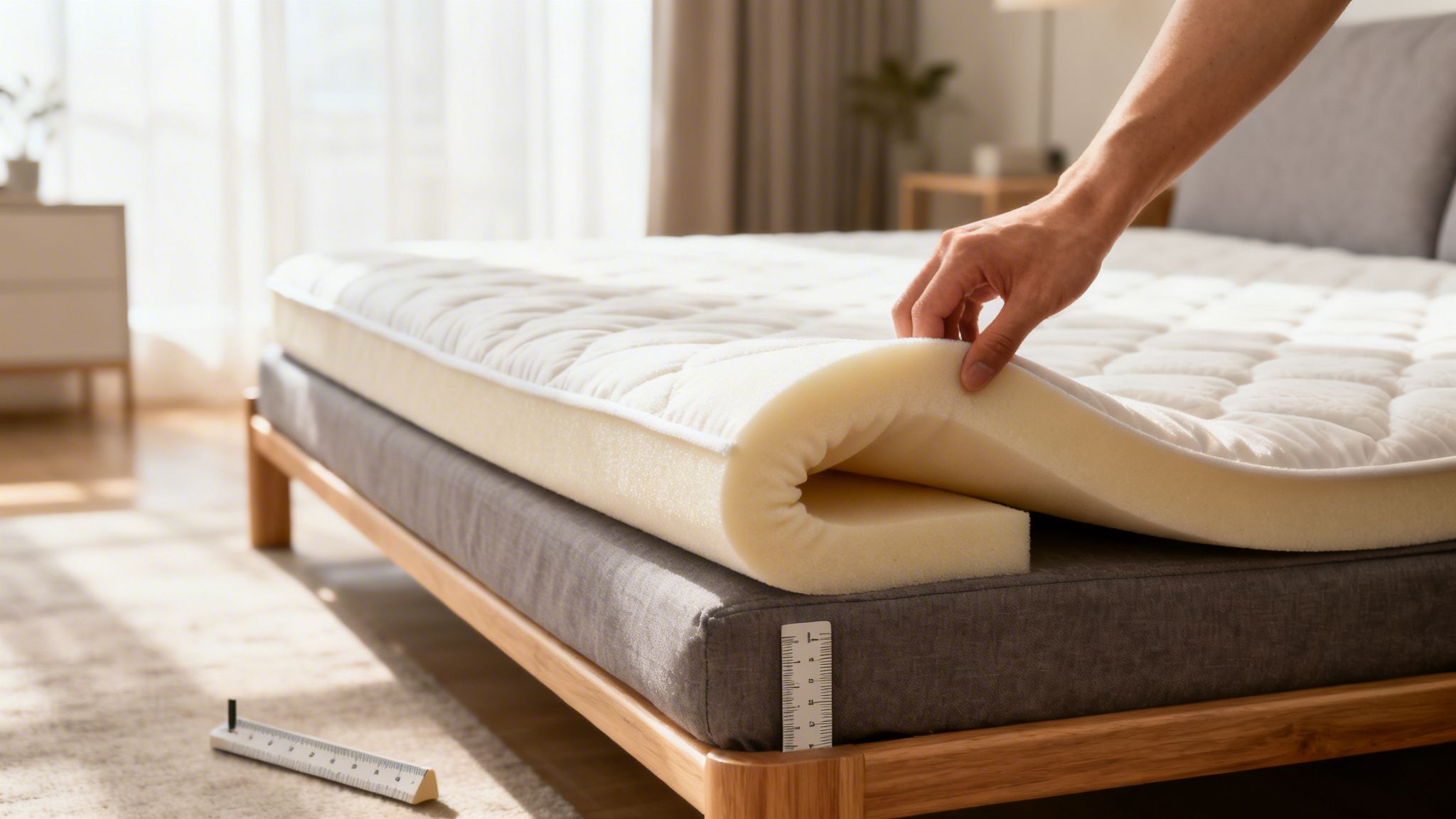 A hand lifts a cream memory foam mattress topper on a bed, showing its thickness.
