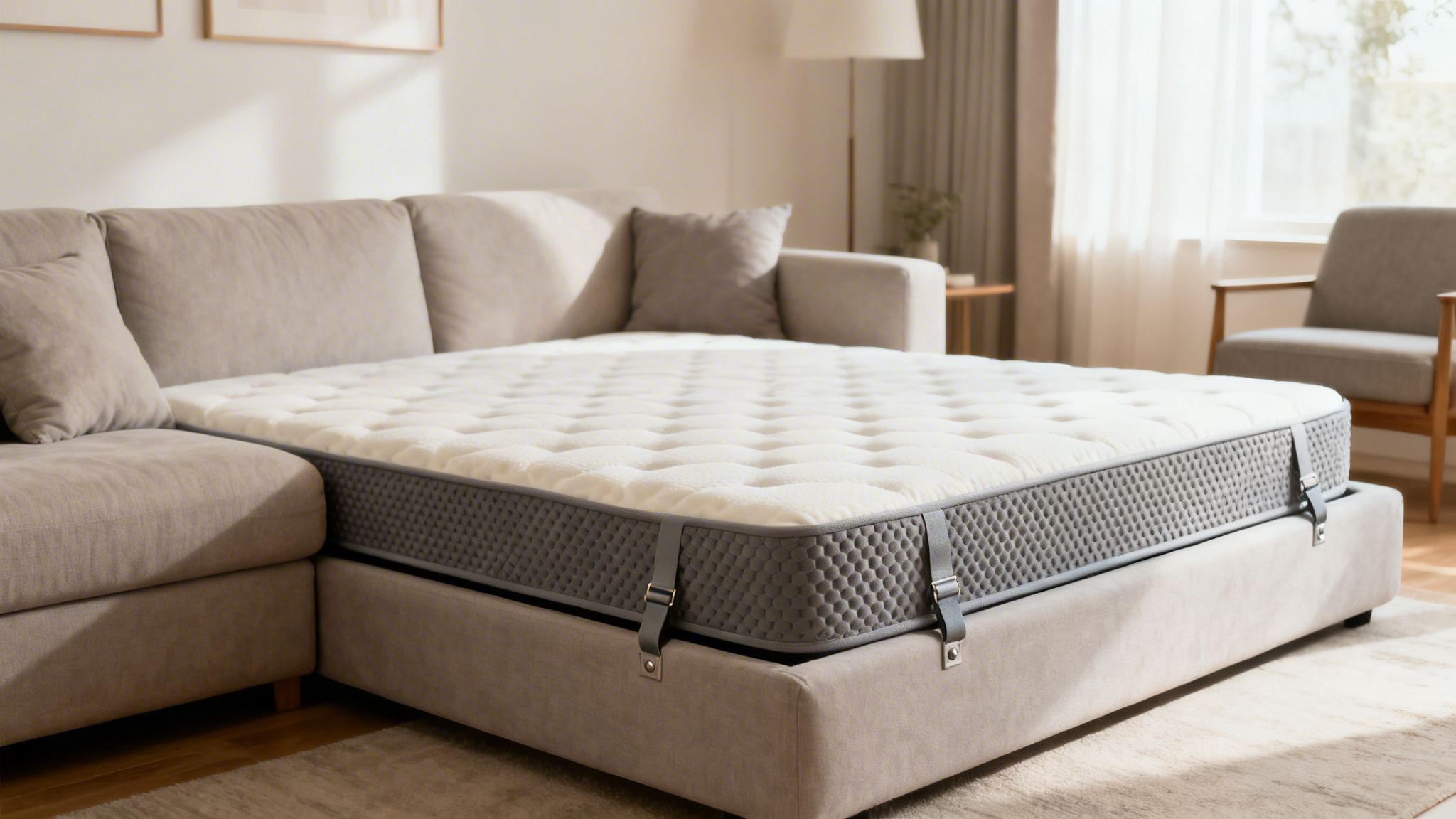 A comfortable white memory foam mattress pad with grey sides on a beige sofa bed in a modern living room.