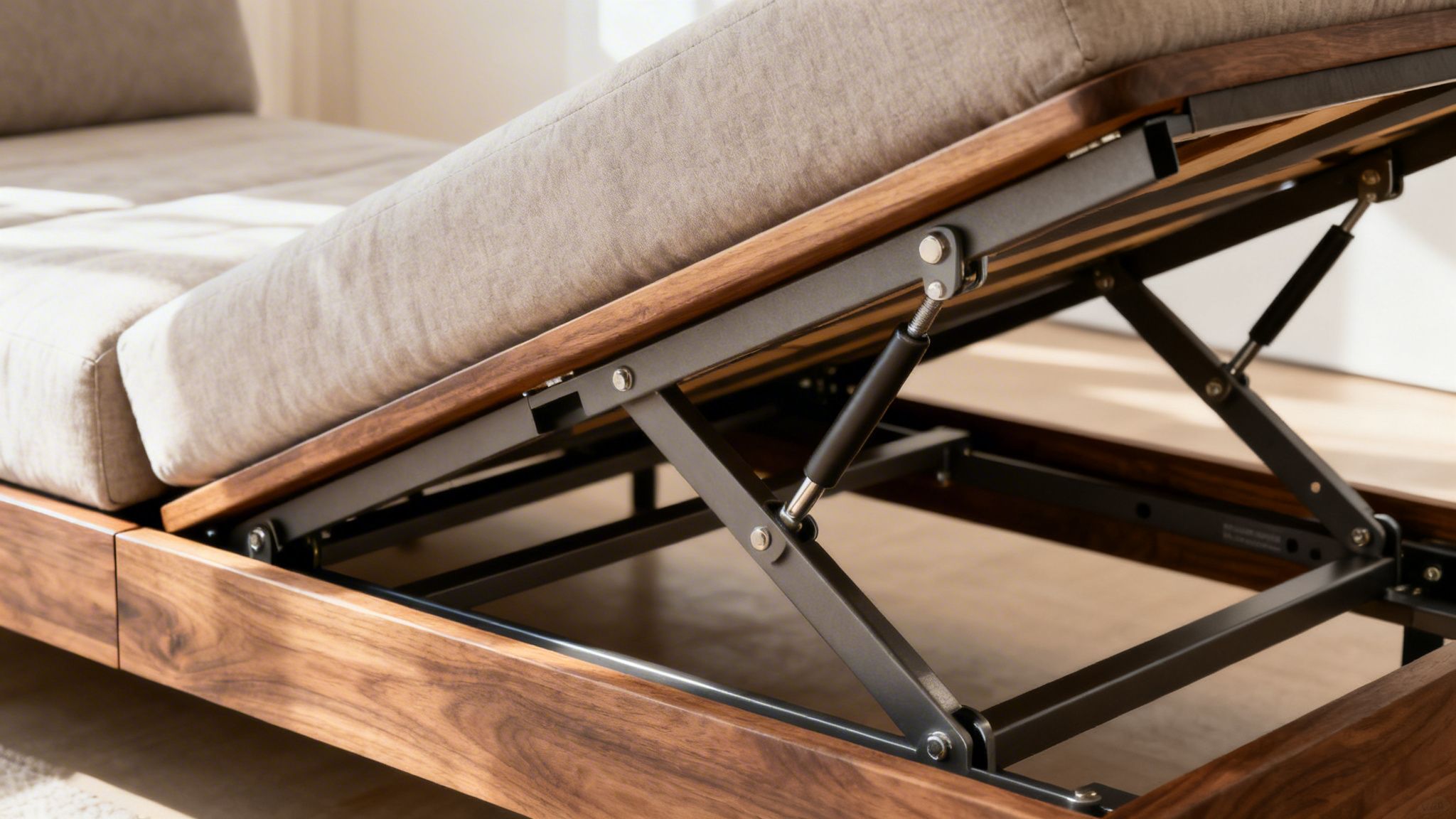 Close up of a modern wooden sofa futon featuring an adjustable mechanical hinge and frame mechanism.