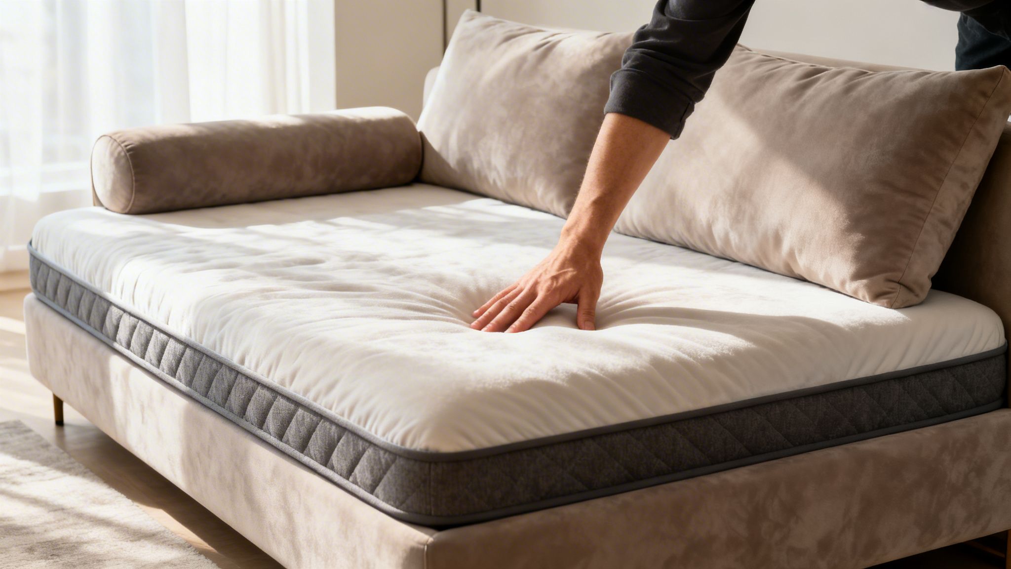 A close-up view of a person's hand pressing down on the soft surface of a modern futon.