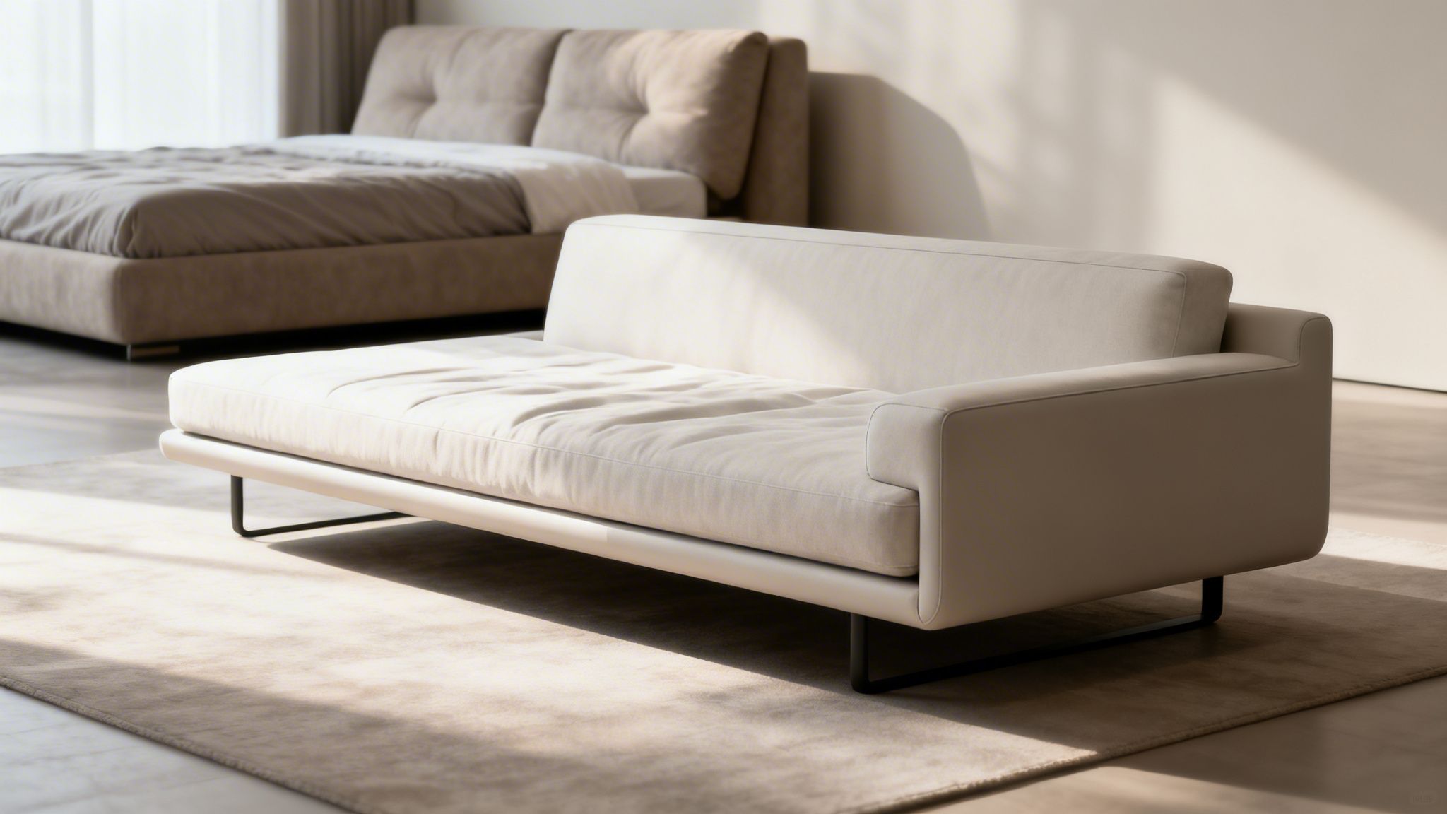 A modern cream-colored sofa with black metal legs sitting on a rug in a minimalist bedroom.