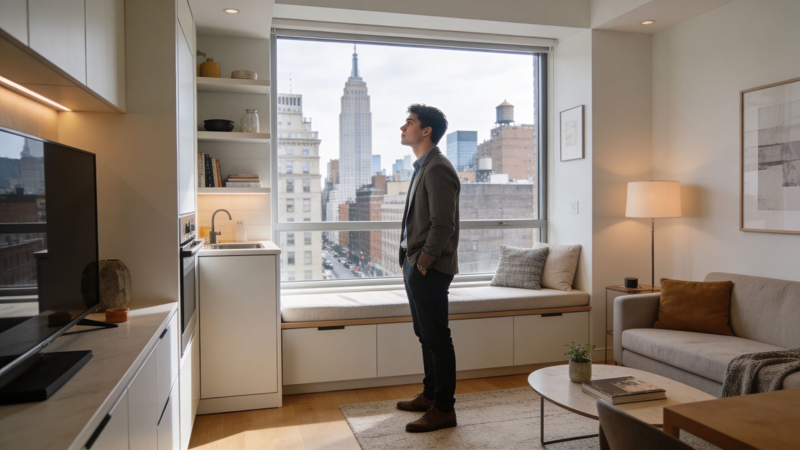A man stands in a modern apartment looking out a large window at the New York City skyline.